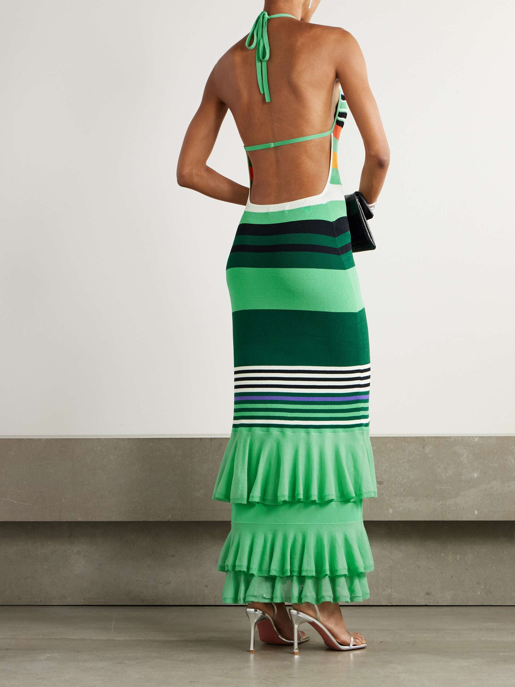 Ruffled striped stretch-knit halterneck maxi dress view