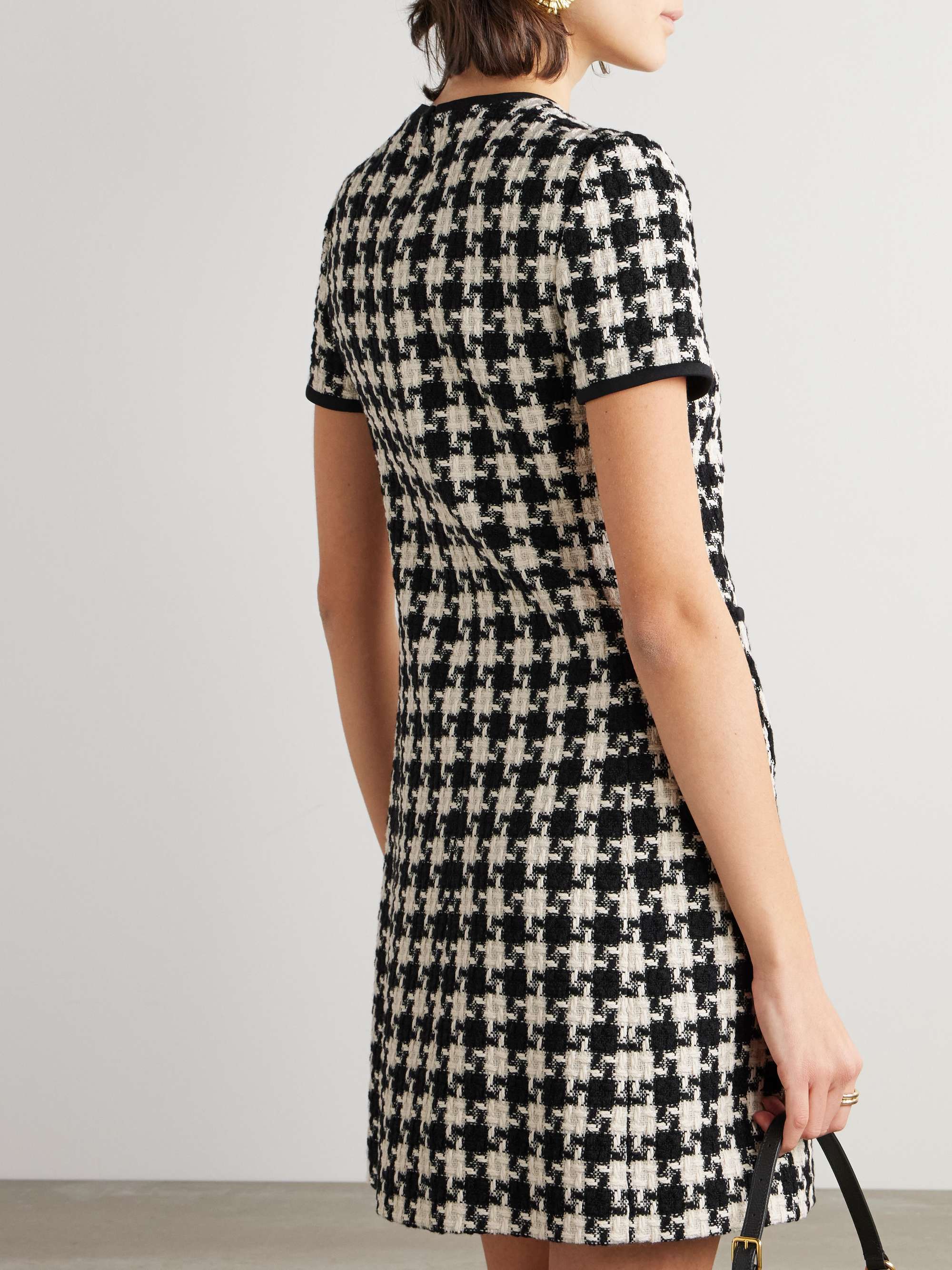 Bow-embellished crepe-trimmed checked tweed mini dress view