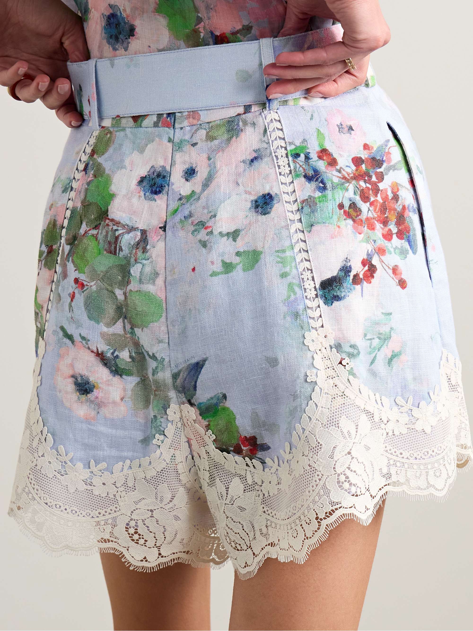 Everley belted pleated lace-trimmed floral-print linen shorts view