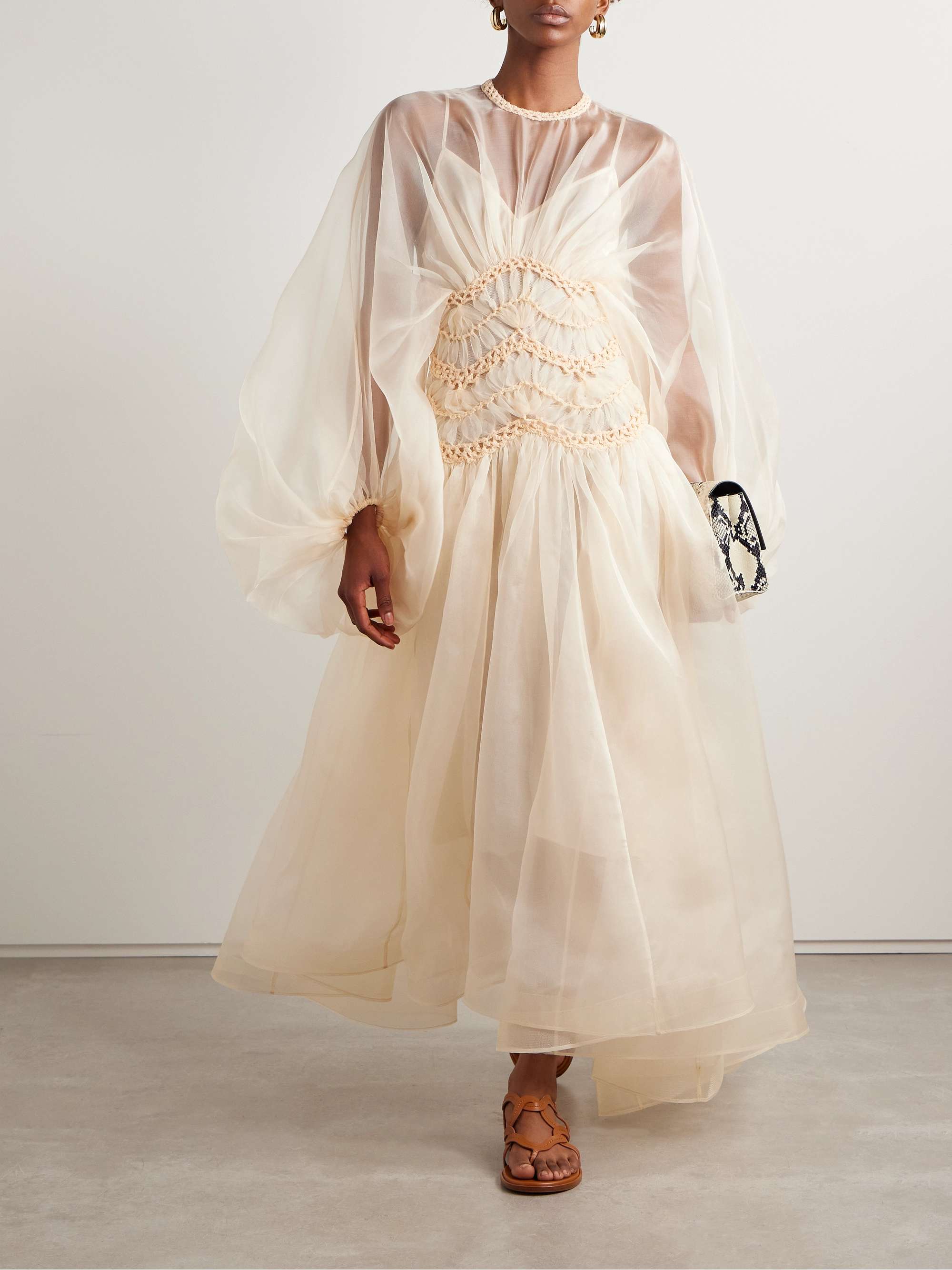 Illuminate macramé and tulle-trimmed pleated silk-organza gown view