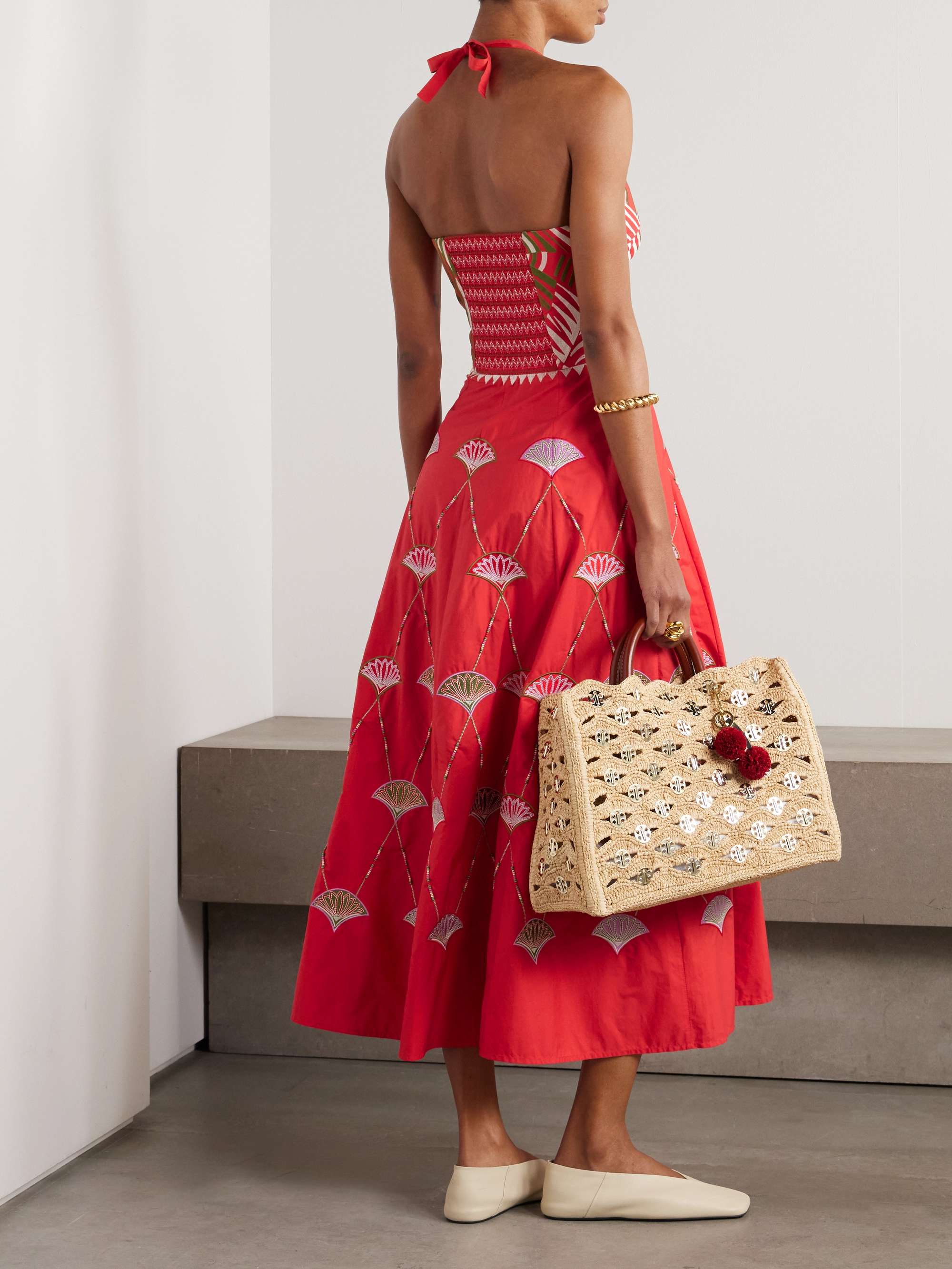 Lotty bead-embellished embroidered cotton-blend poplin halterneck midi dress view