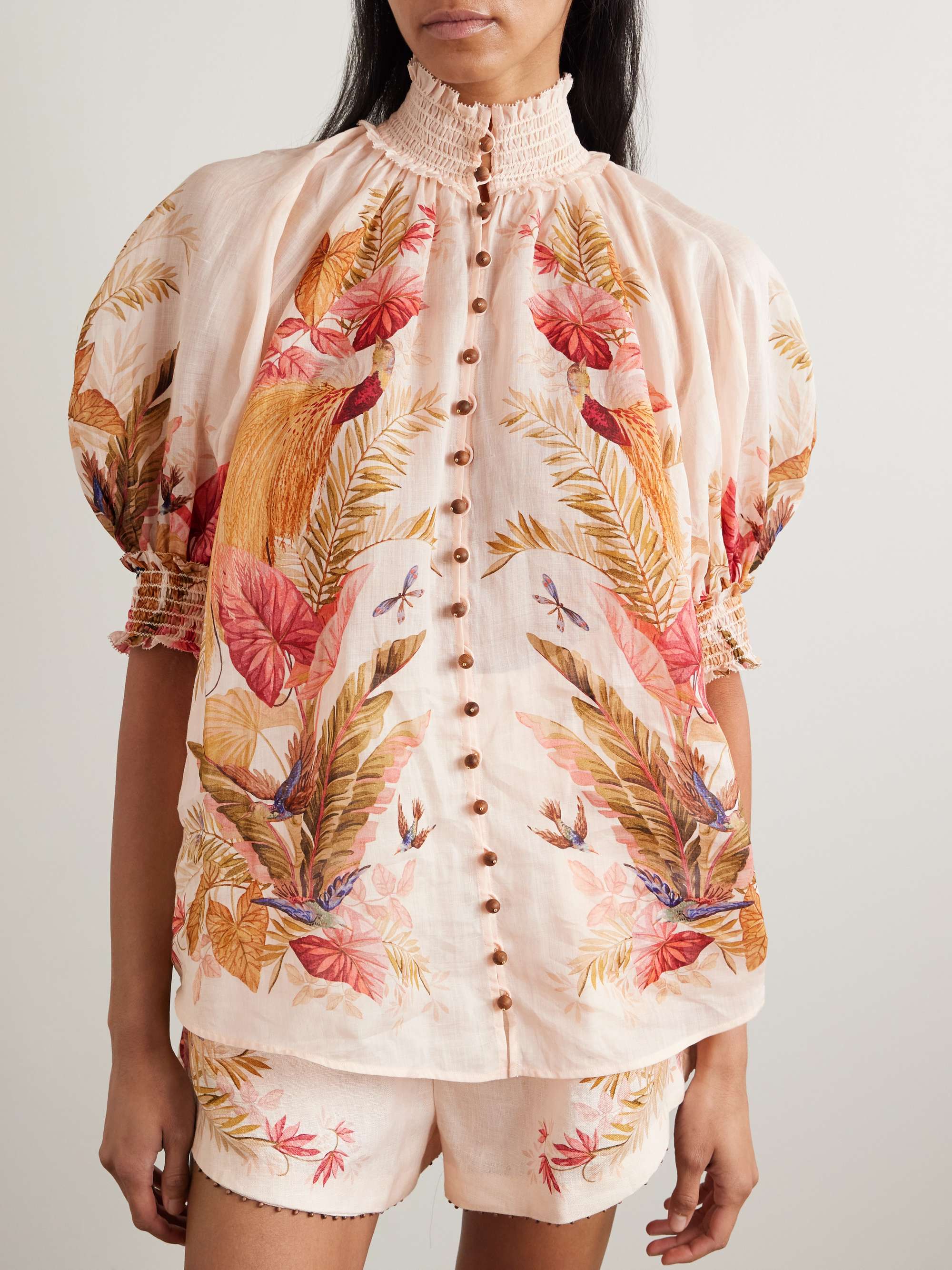 Ascension embellished shirred floral-print ramie blouse view
