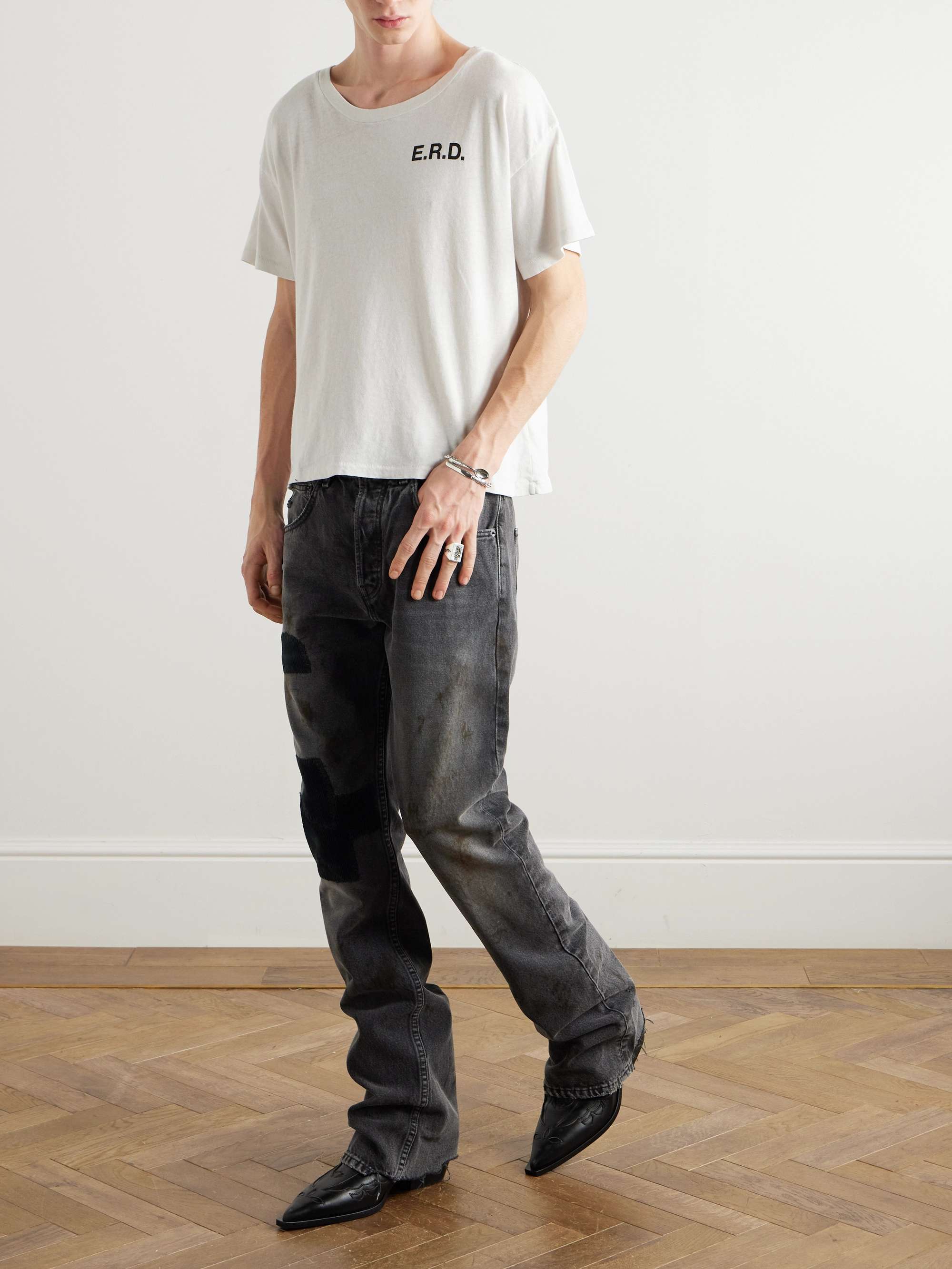 Patchwork Slim-Fit Flared Corduroy-Appliquéd Embroidered Distressed Jeans view