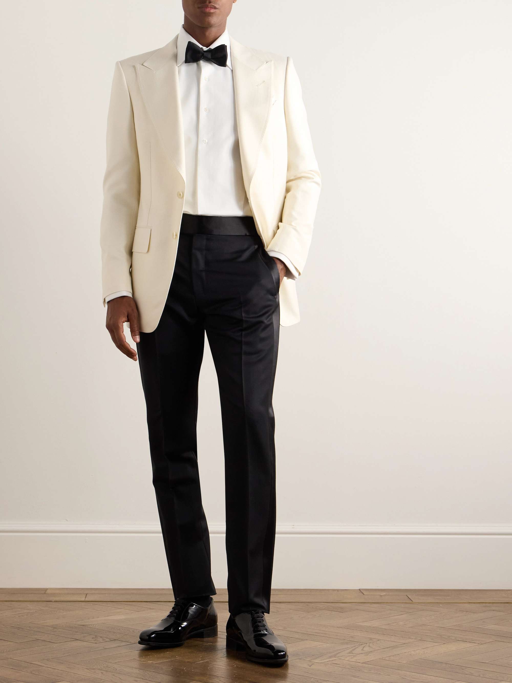 Straight-Leg Belted Satin-Trimmed Wool and Mohair-Blend Tuxedo Trousers view