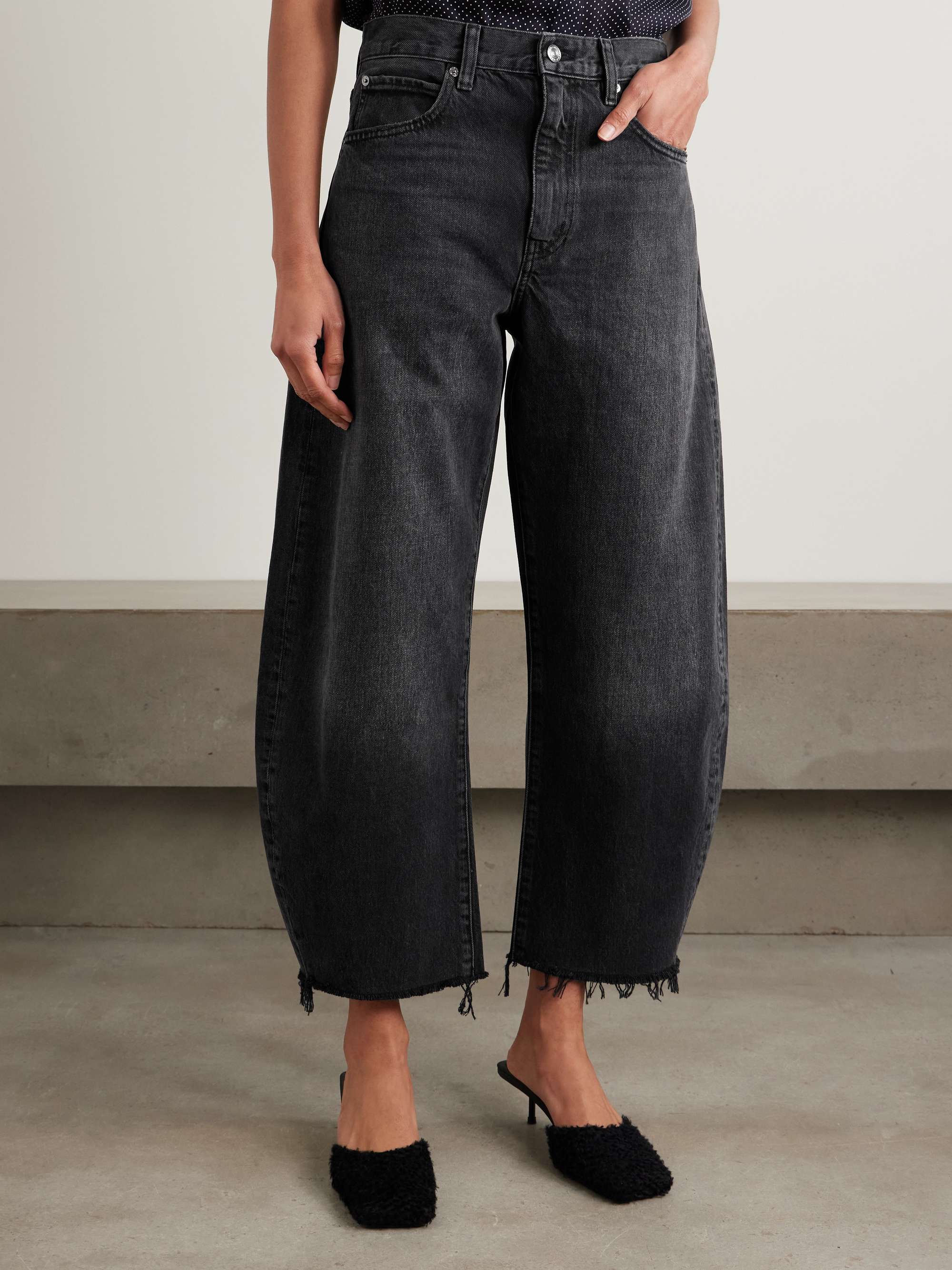 The Bubble cropped frayed high-rise barrel-leg jeans view