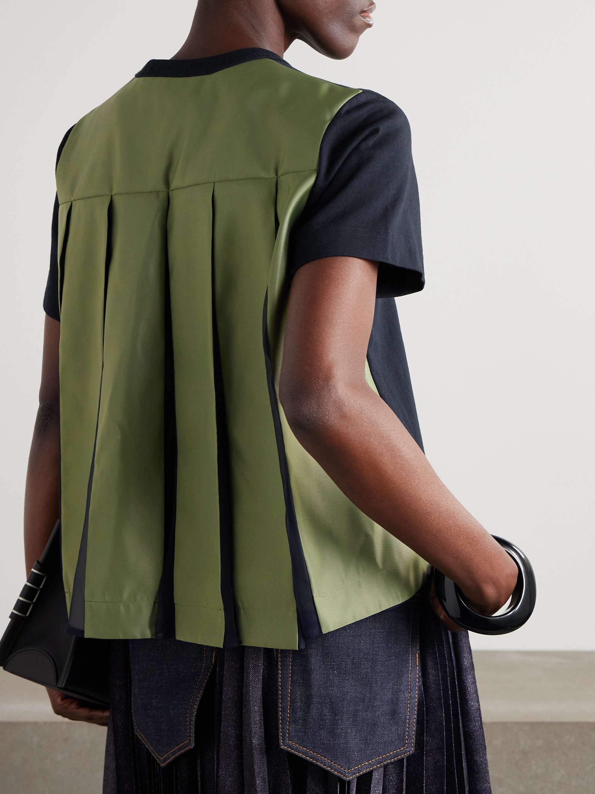Pleated twill-trimmed cotton-jersey T-shirt view