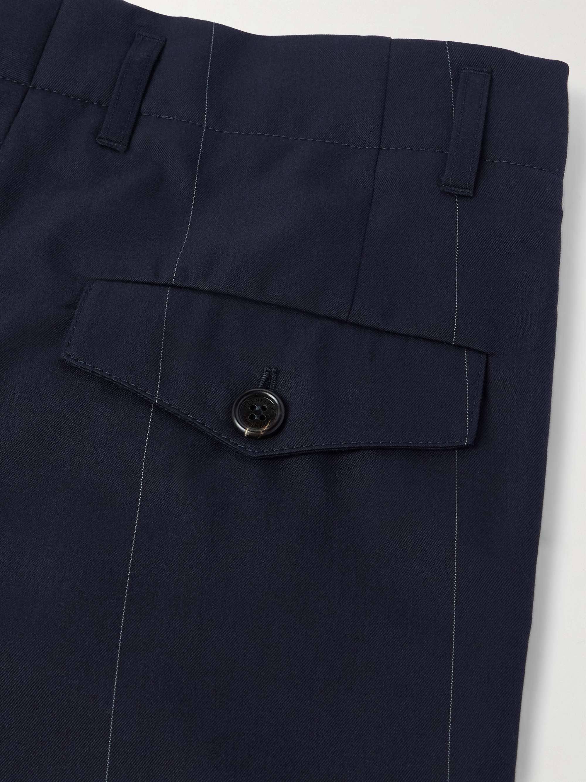 Tapered Pleated Pinstriped Wool and Cotton-Blend Trousers view