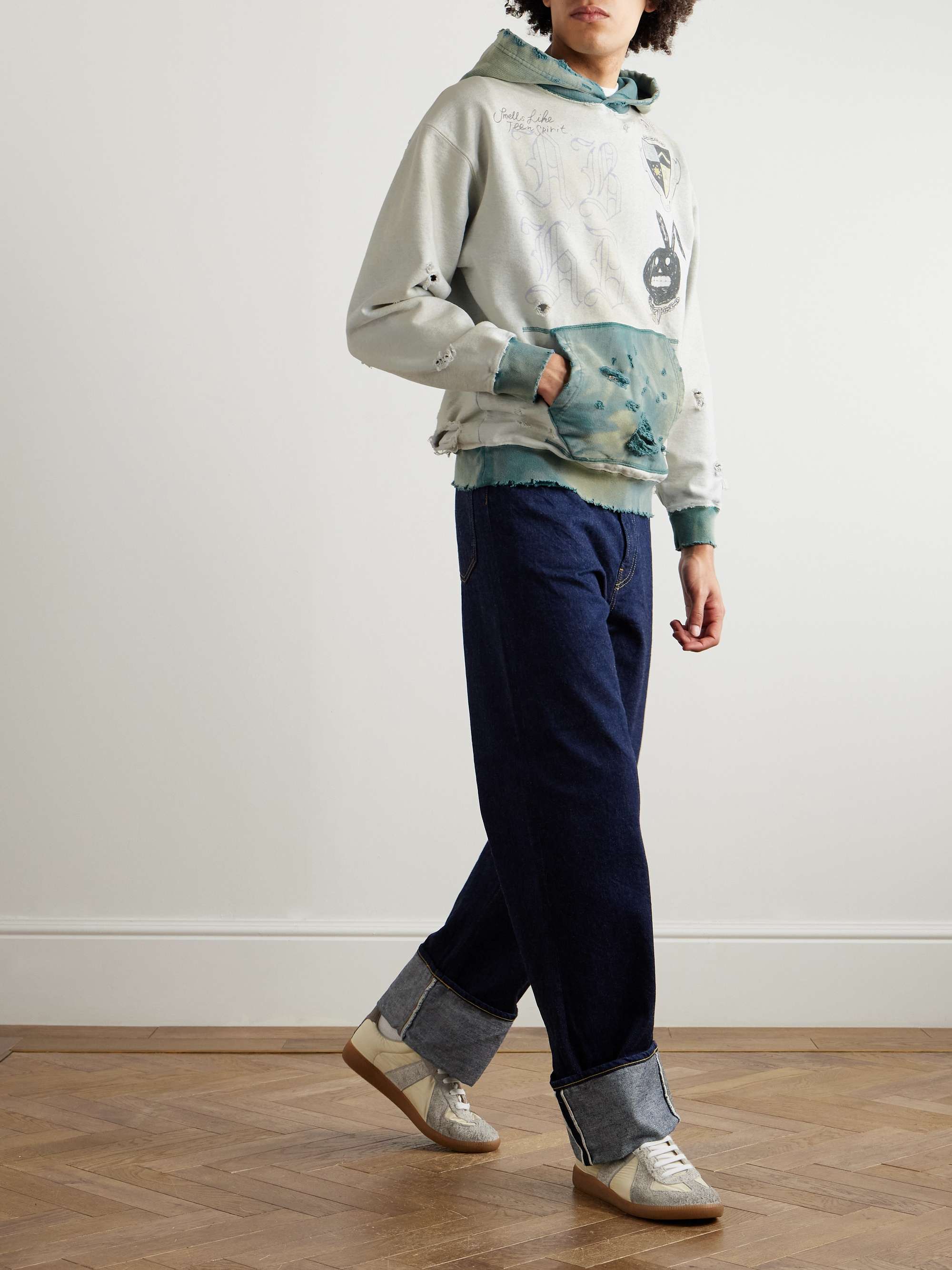 Savage Printed Distressed Cotton-Jersey Hoodie view