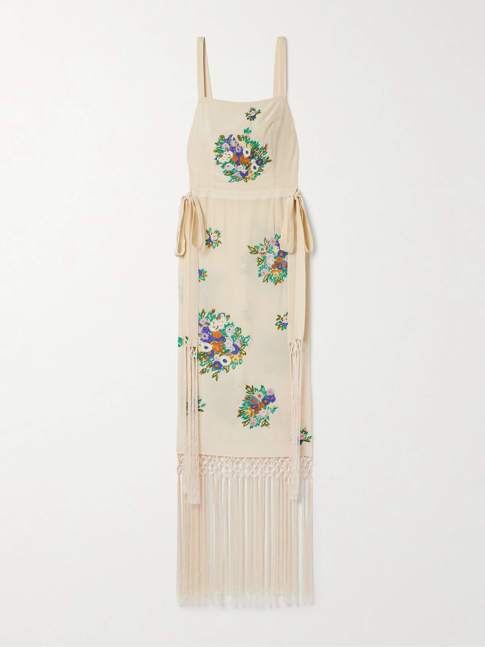 Fringed embroidered silk crepe de chine midi dress view