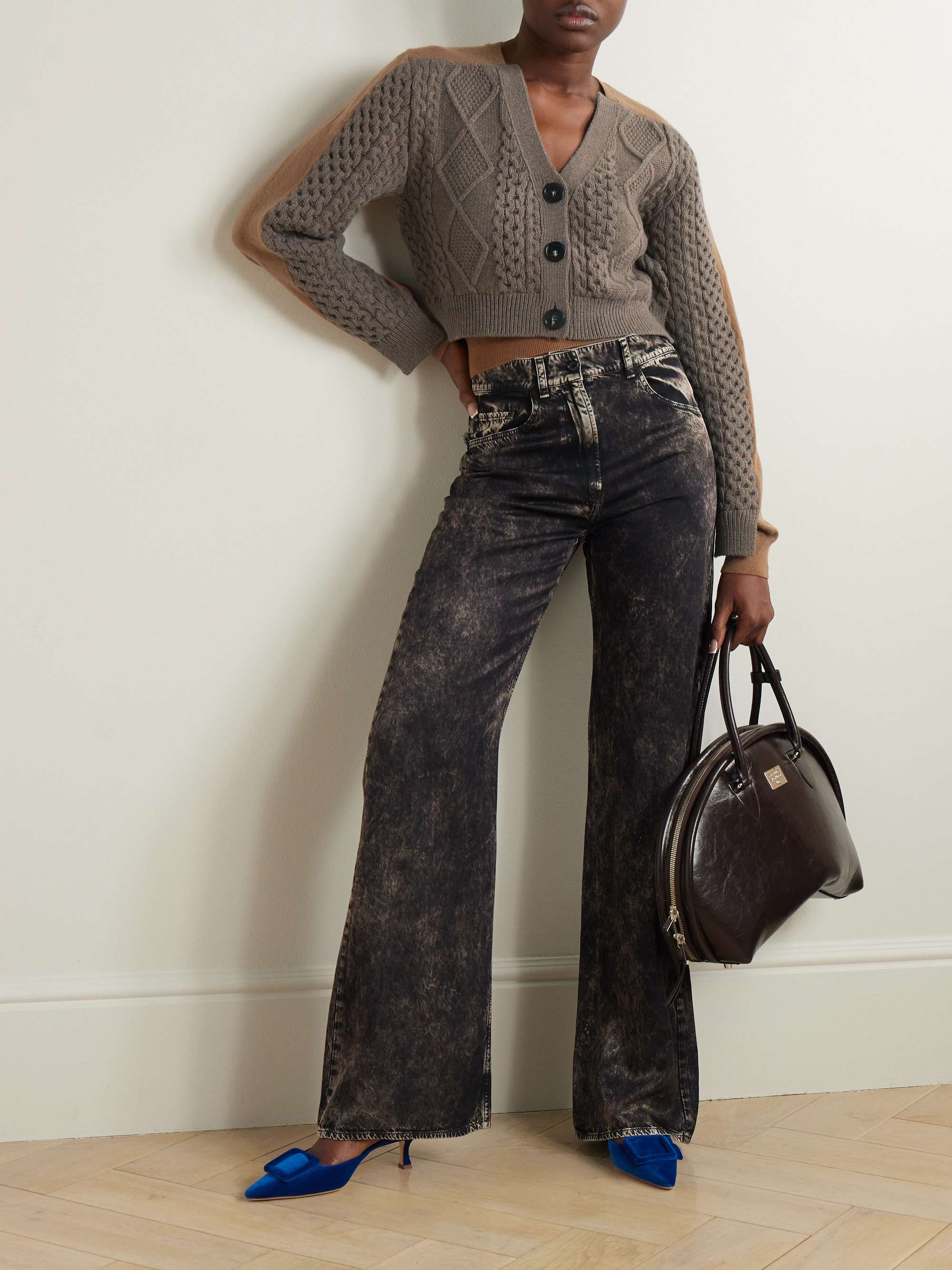 Cropped paneled cable-knit wool cardigan view