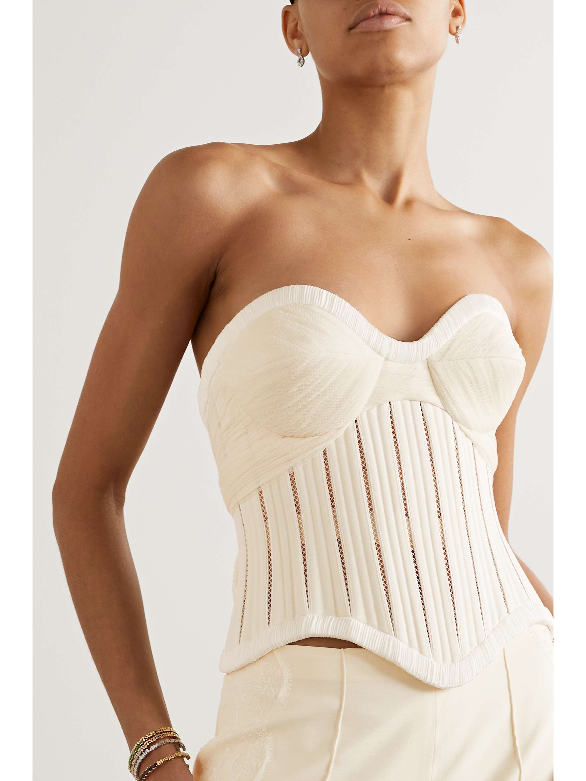 Anika strapless cotton-blend twill, tulle and plissé-satin bustier top view