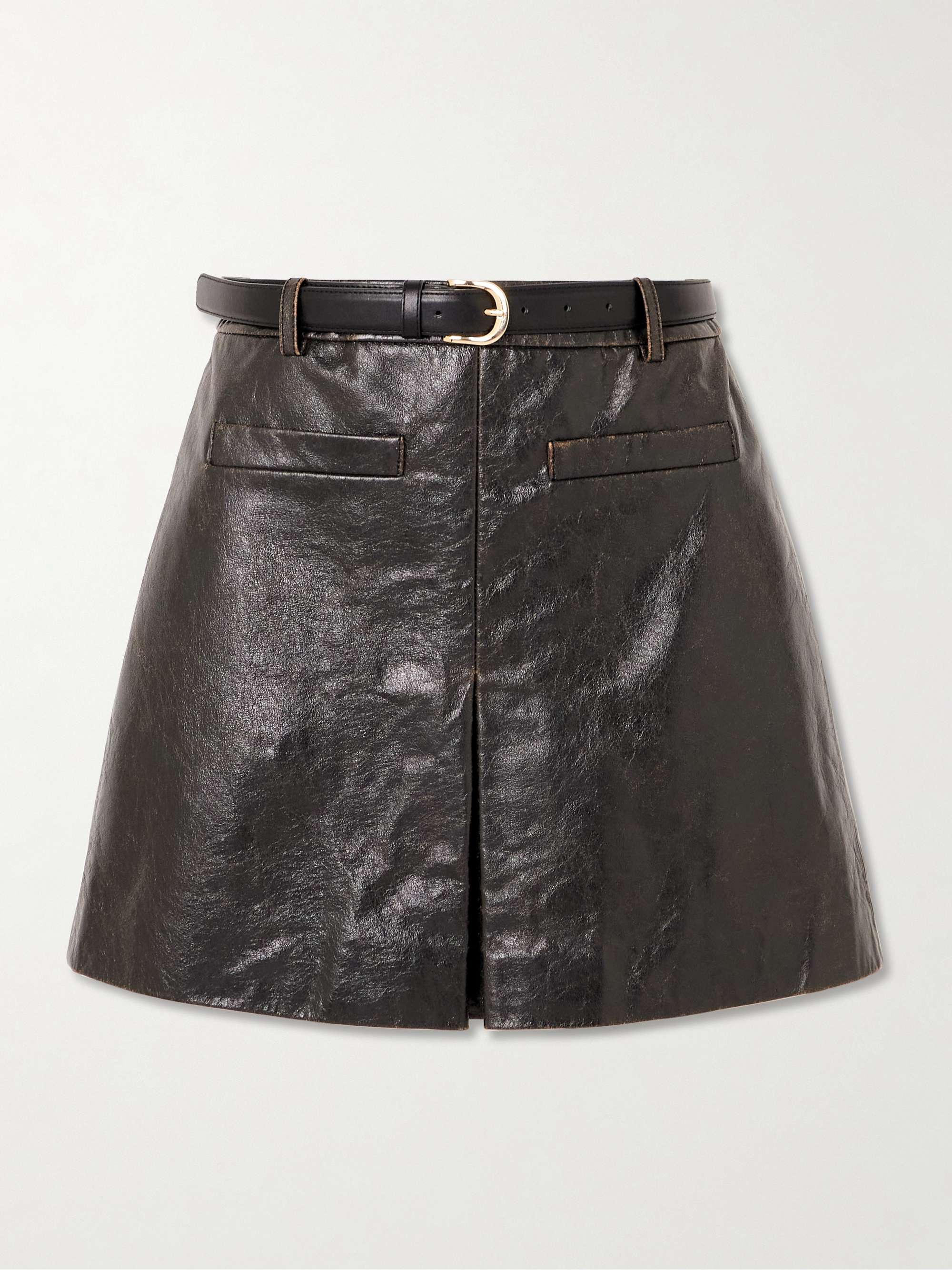 Belted distressed leather mini skirt view