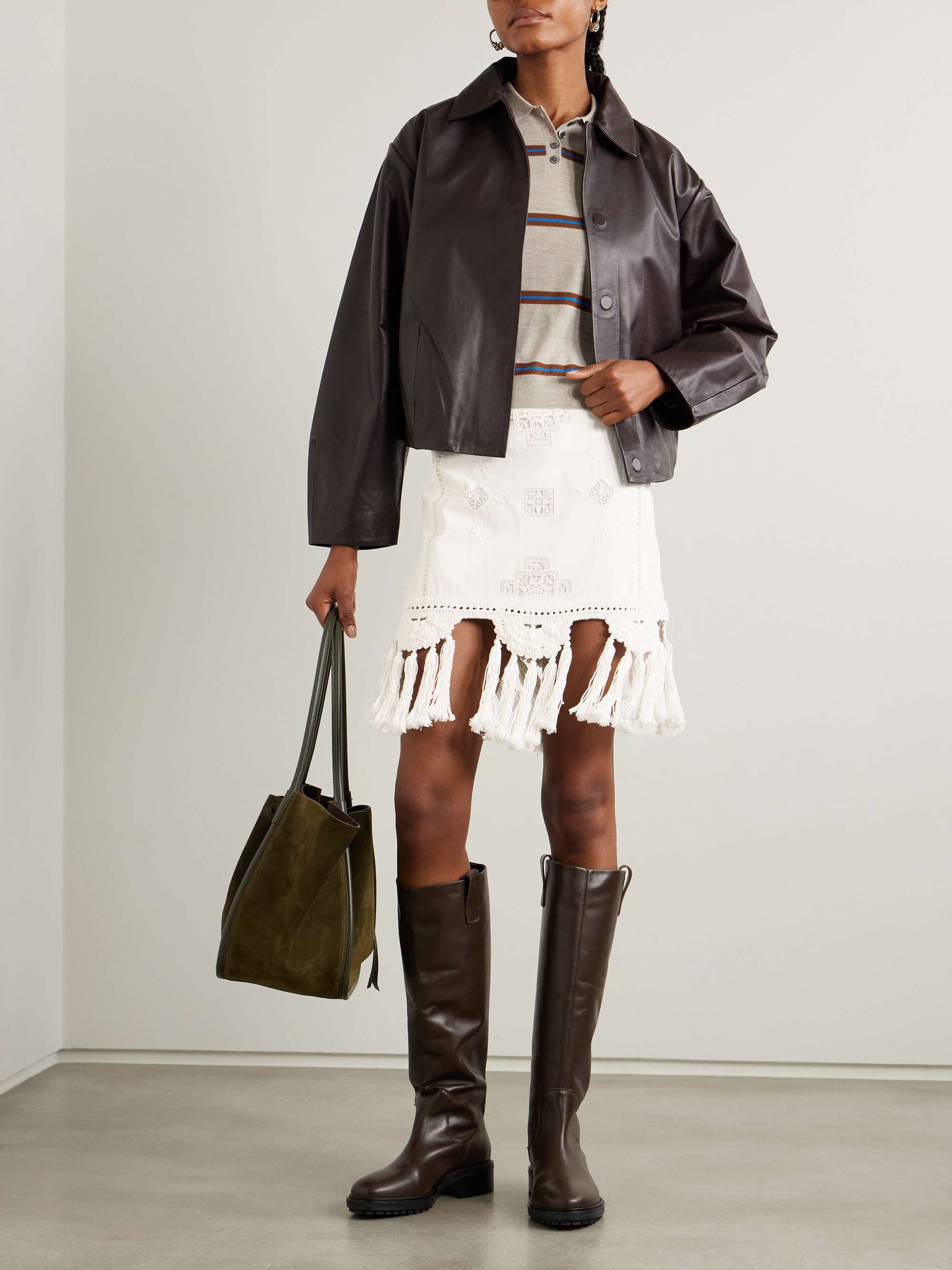 Sandra frayed macramé-trimmed cotton mini skirt view