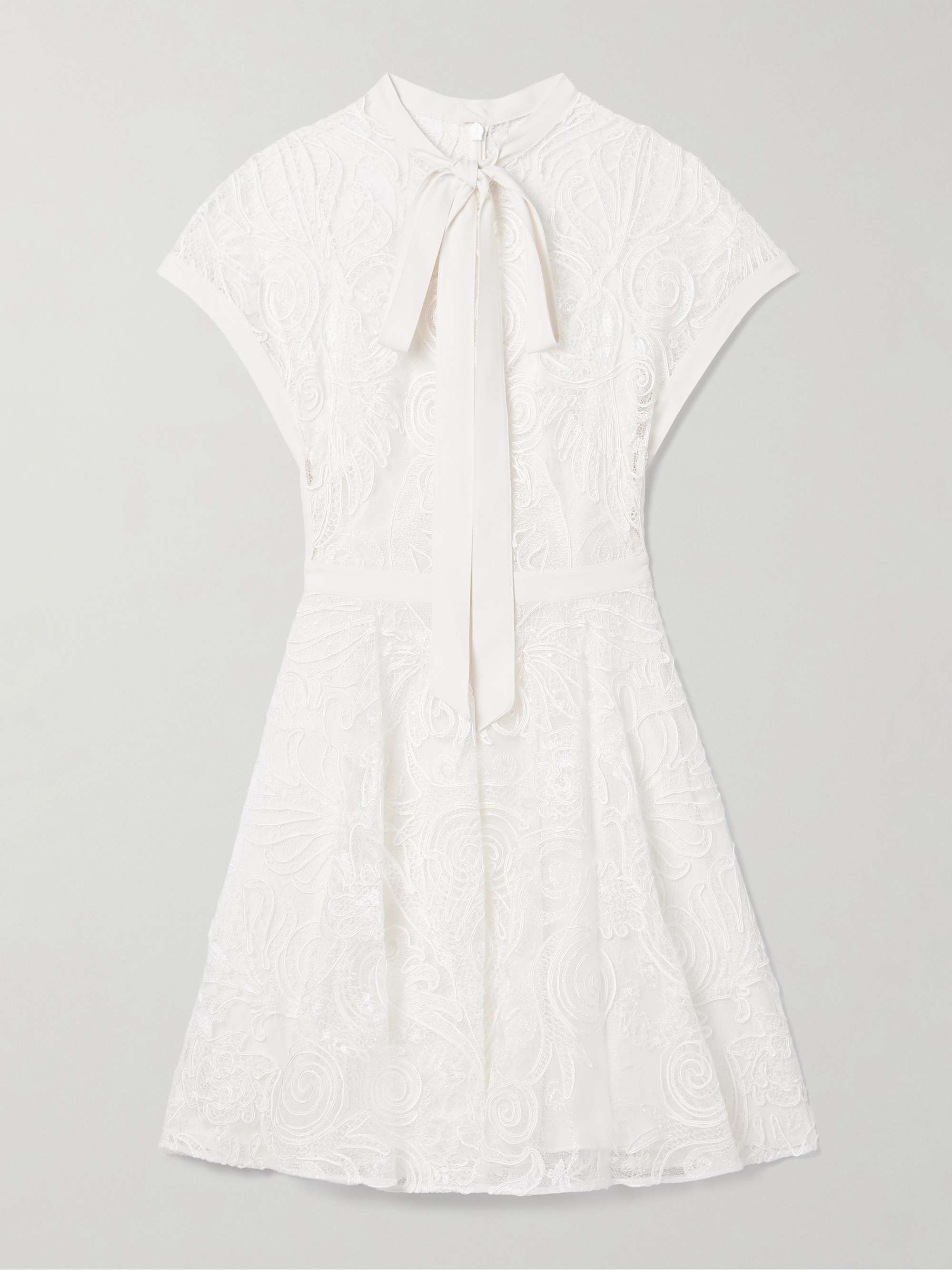 Tie-detailed crepe-trimmed corded lace mini dress view