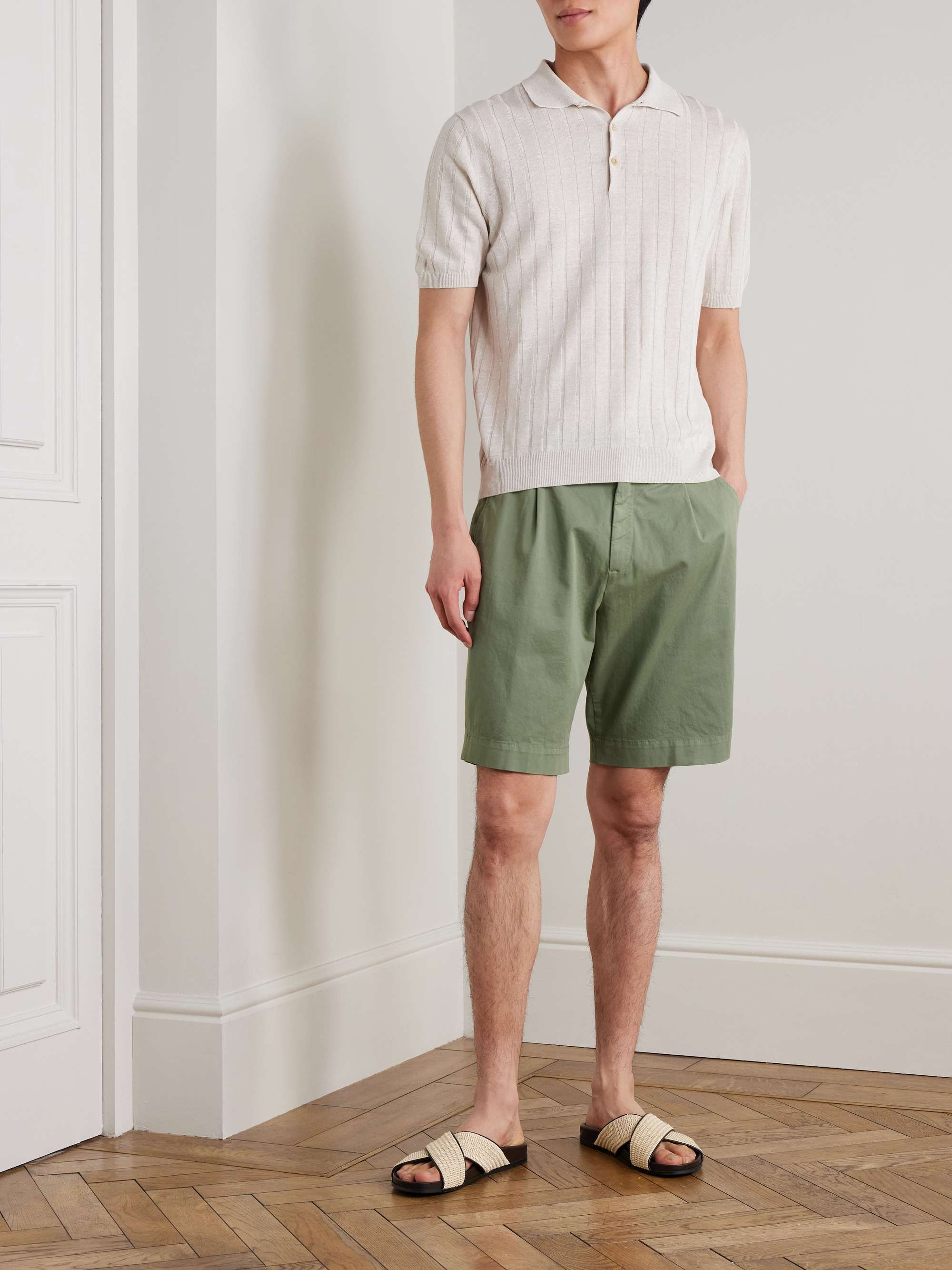 Slim-Fit Straight-Leg Pleated Stretch-Cotton Shorts view