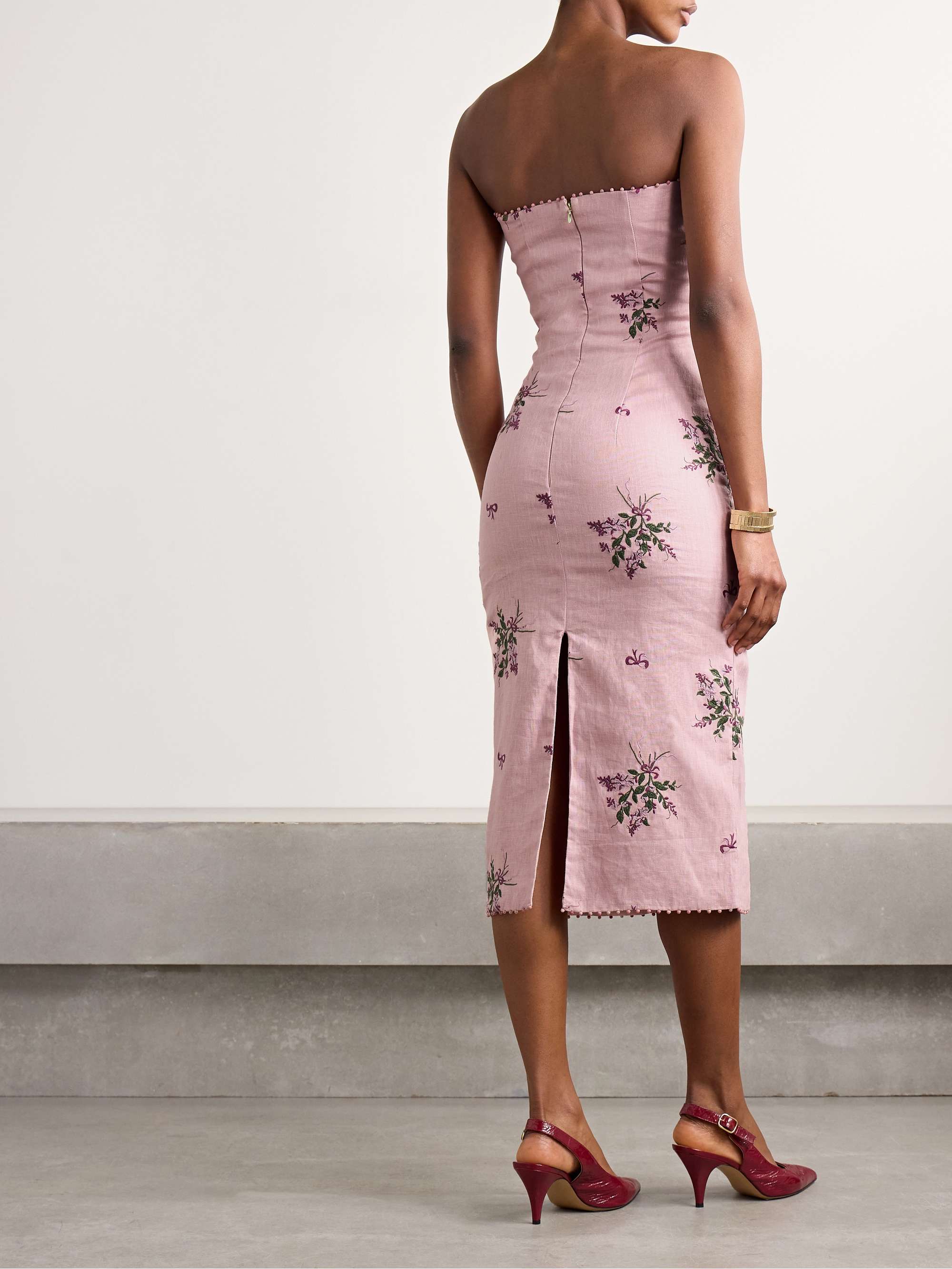Armonía Wisteria strapless bead-embellished embroidered linen midi dress view