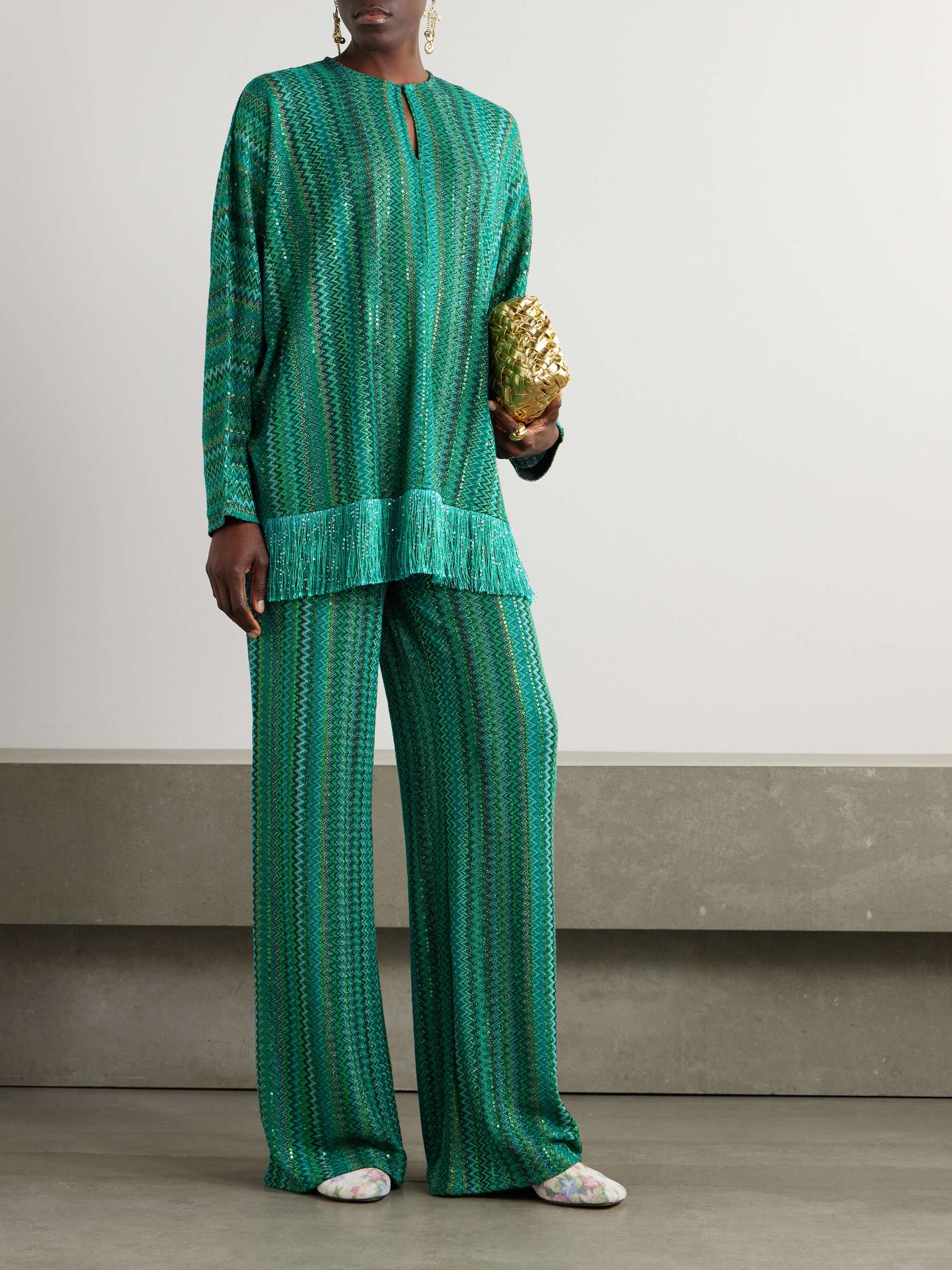 Fringed sequin-embellished metallic crochet-knit top view