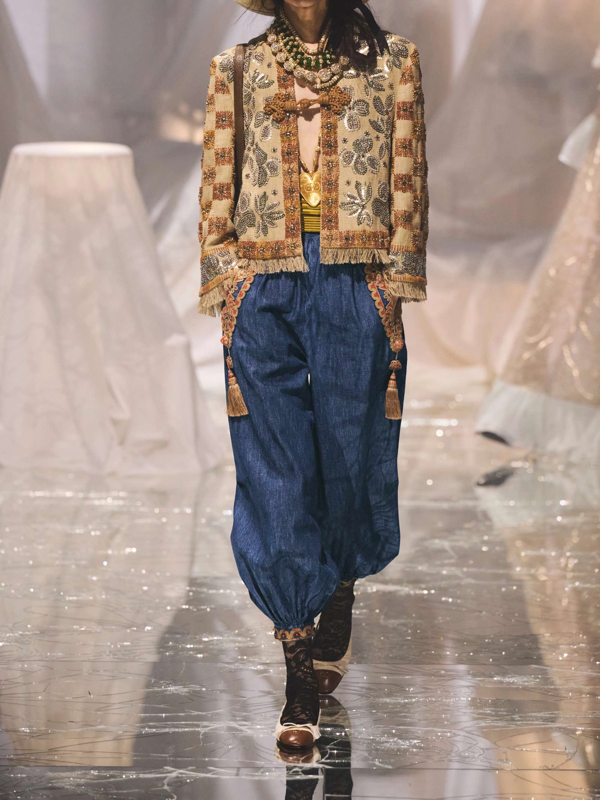 Tasseled embroidered chambray tapered pants view