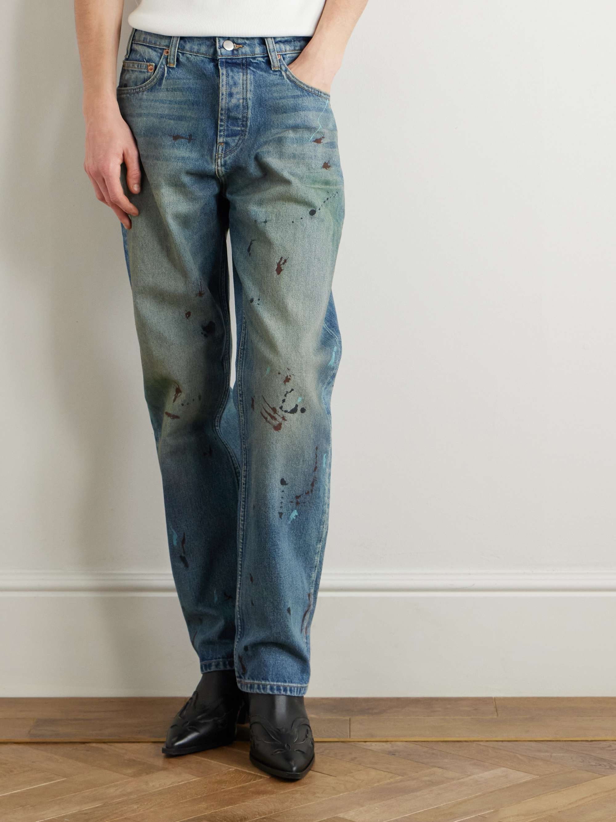 Straight-Leg Logo-Embroidered Paint-Splattered Jeans view