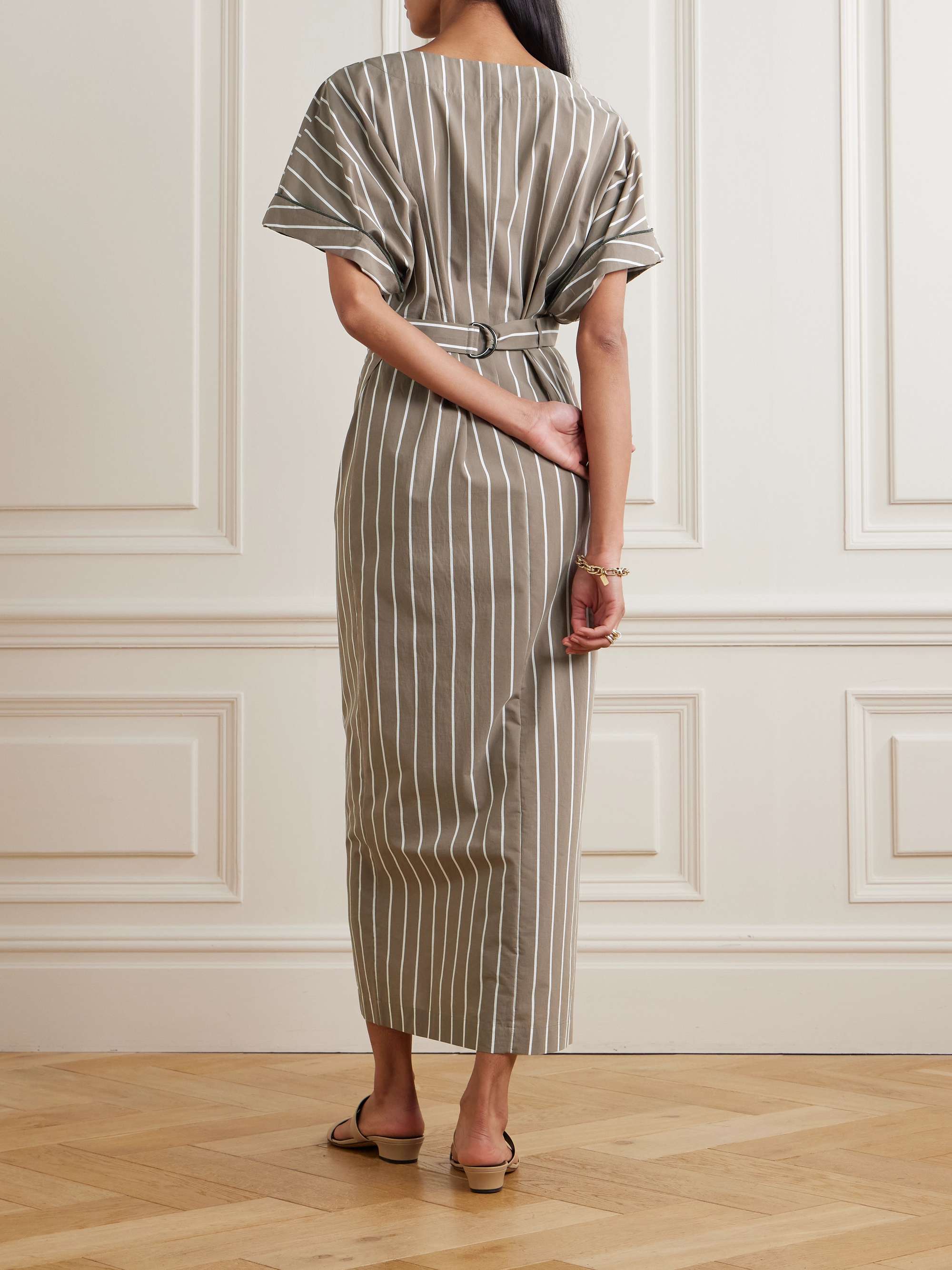 Striped cotton-blend poplin wrap midi dress view