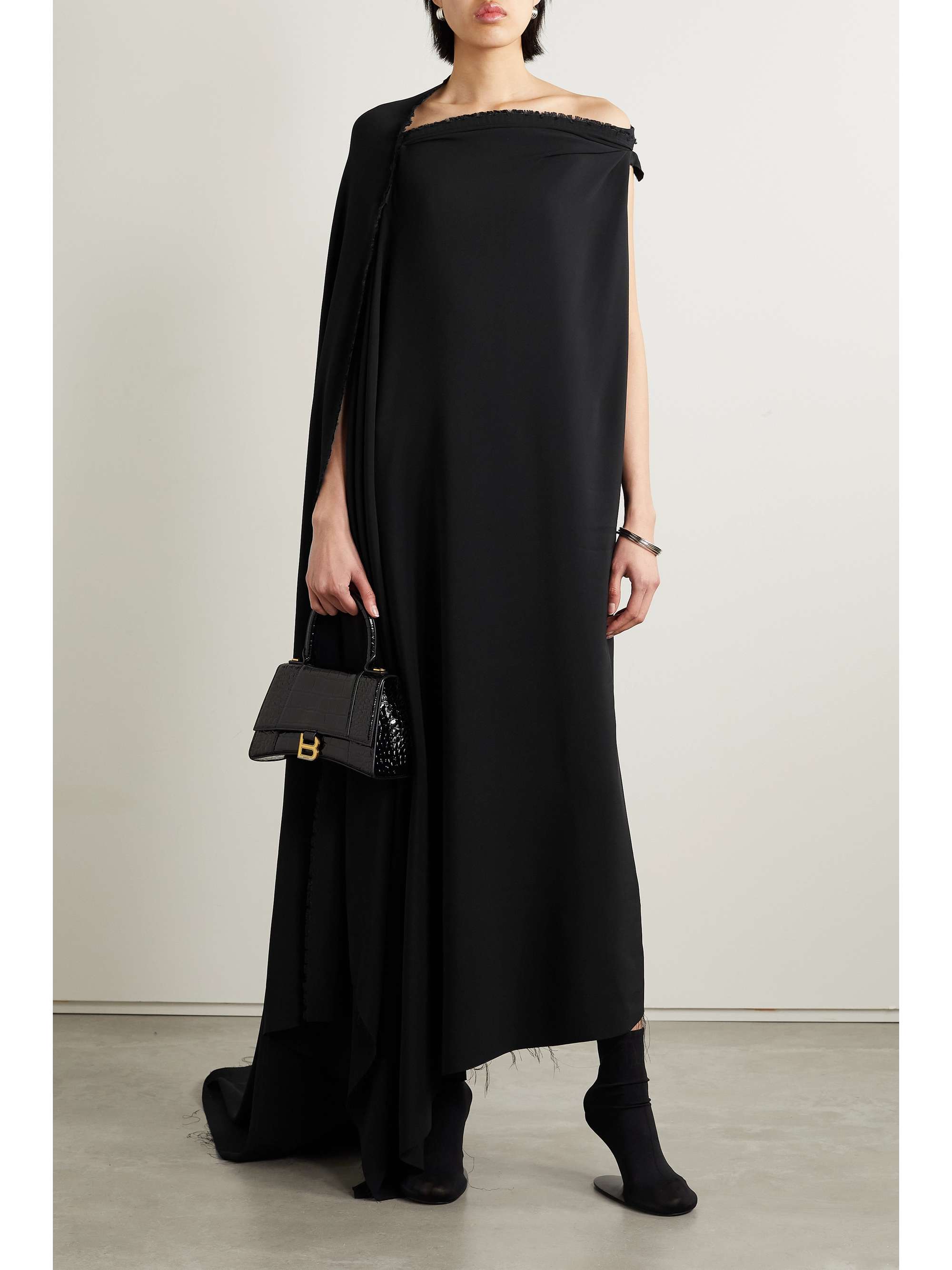 Asymmetric one-shoulder frayed draped crepe gown view