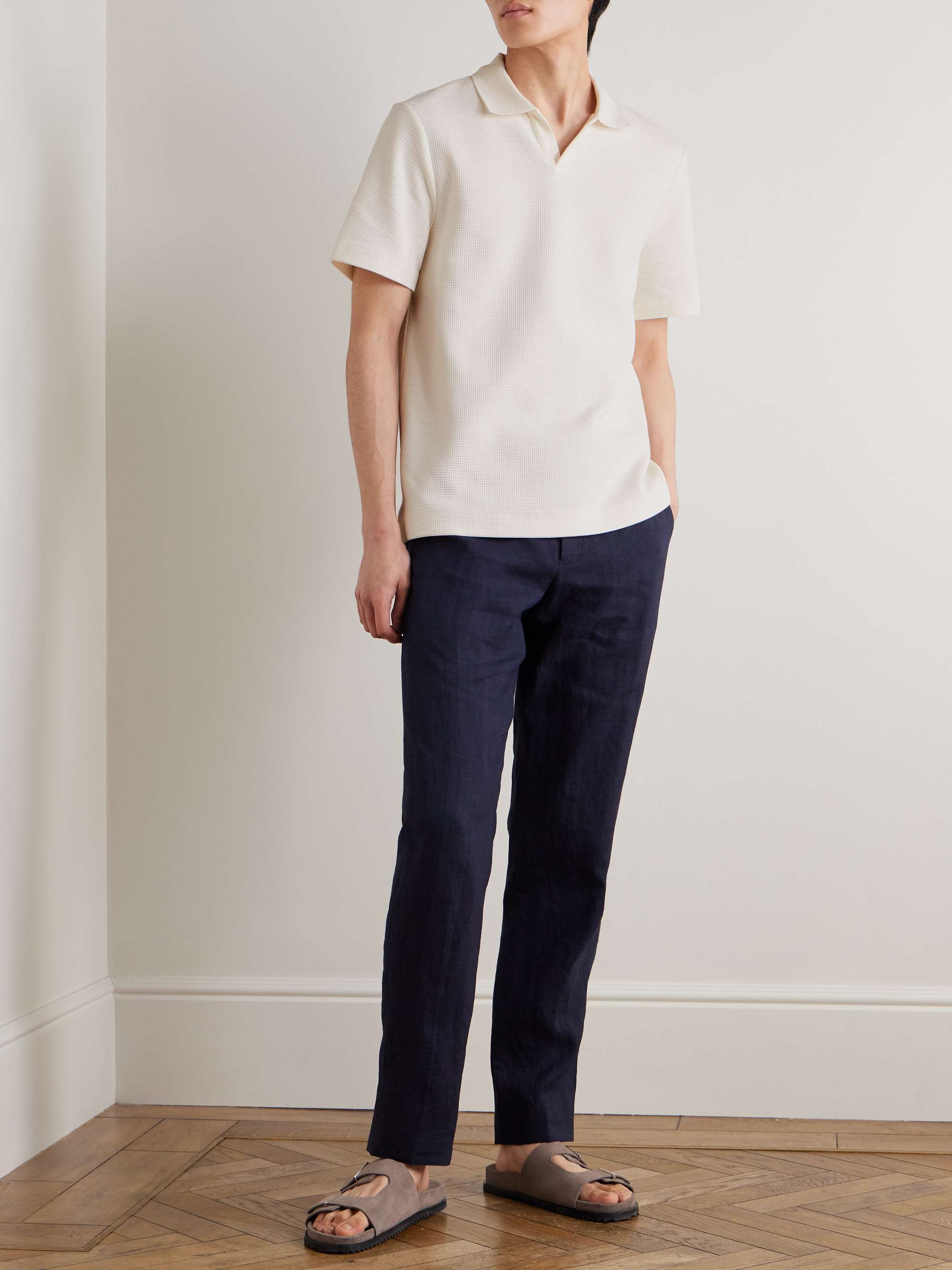Jonny Open-Collar Waffle-Knit Organic Cotton Polo Shirt view
