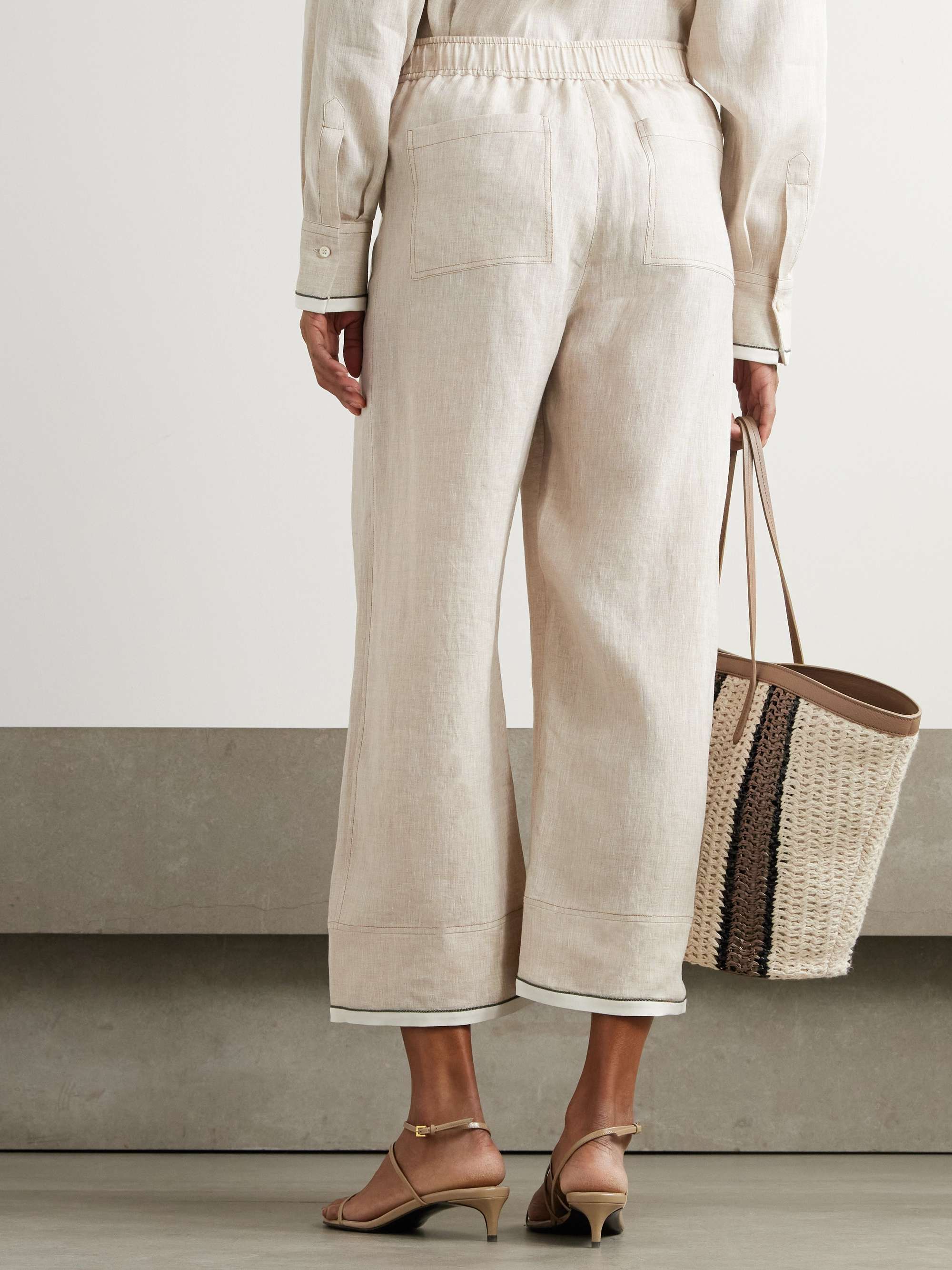 Cropped bead-embellished linen wide-leg pants view