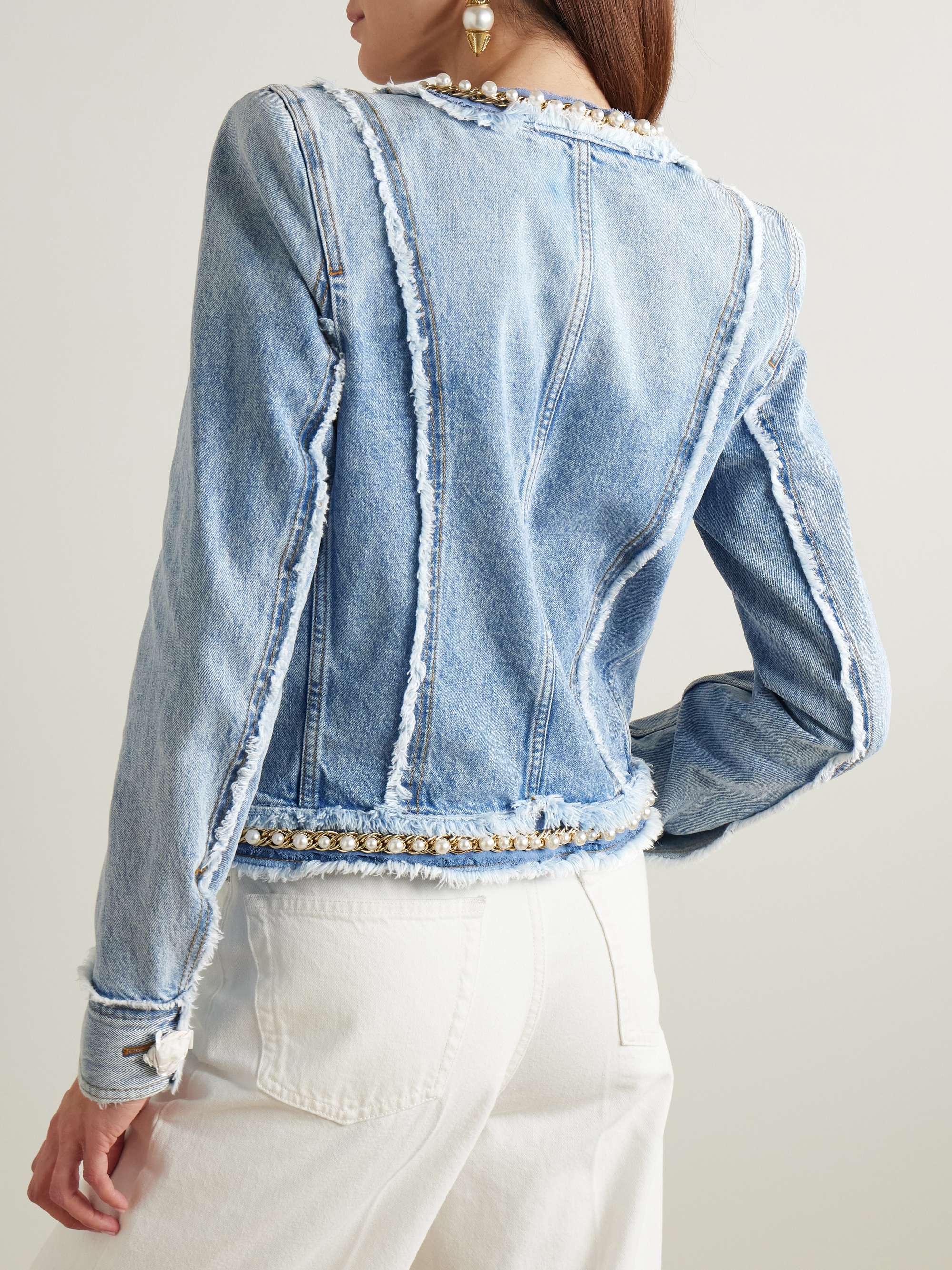 Faux pearl-embellished frayed denim jacket view