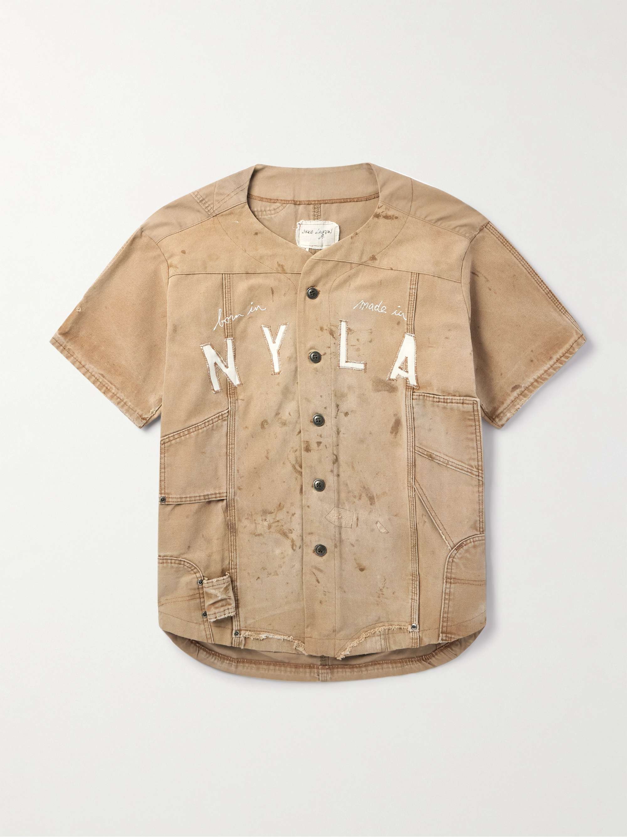 Frayed Appliquéd Embroidered Distressed Cotton-Canvas Shirt view