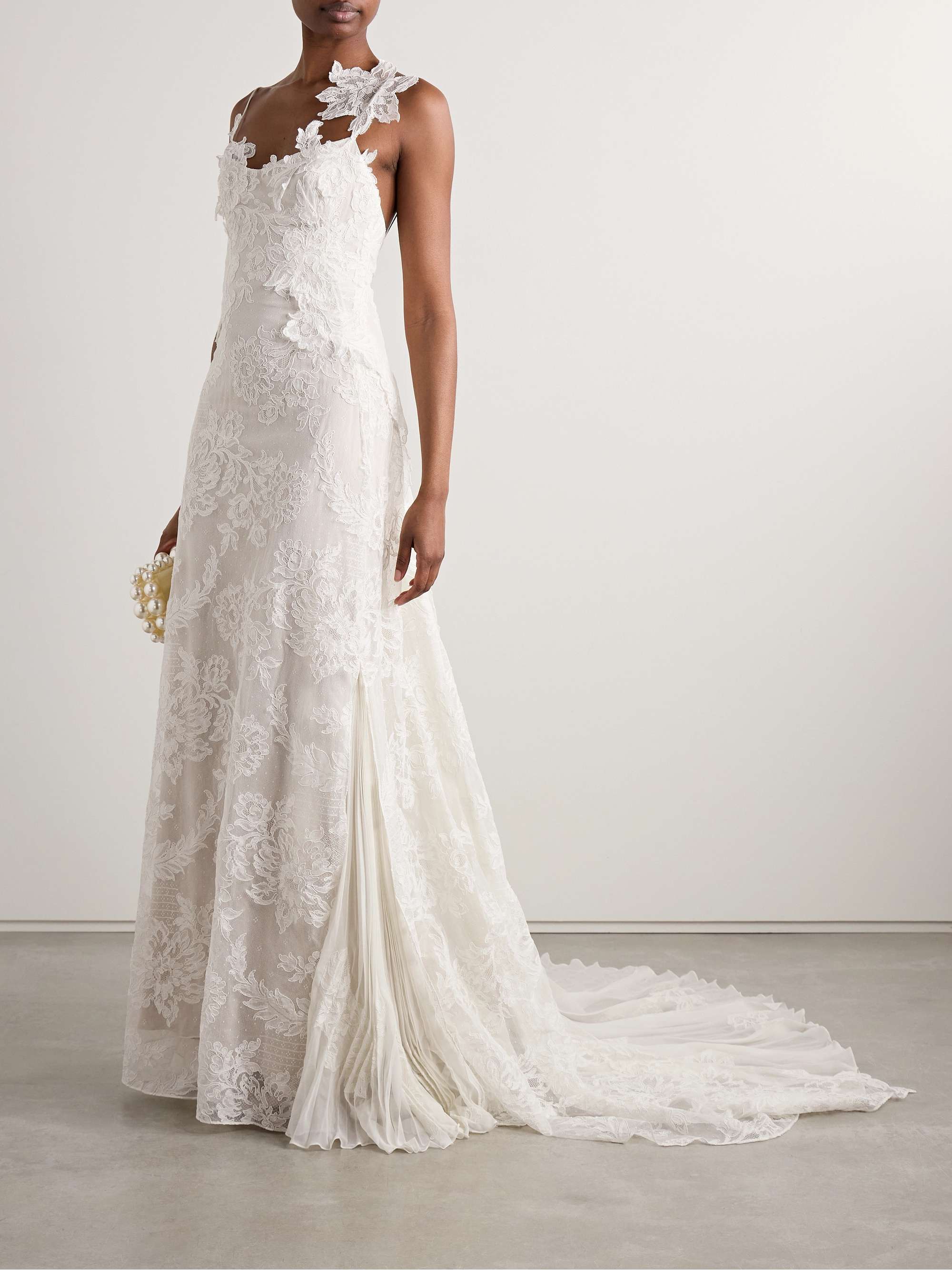 Edie appliquéd silk chiffon-trimmed cotton-blend corded lace gown view