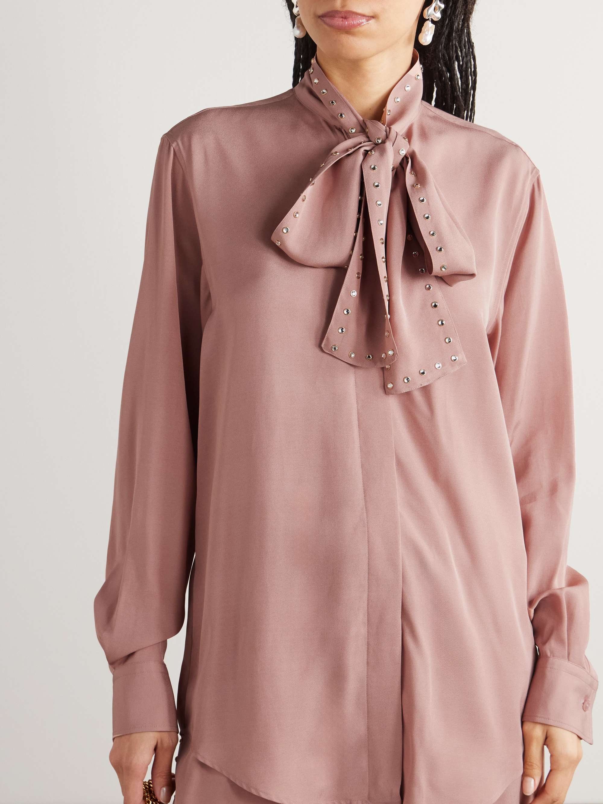 Pussy-bow crystal-embellished crepe blouse view