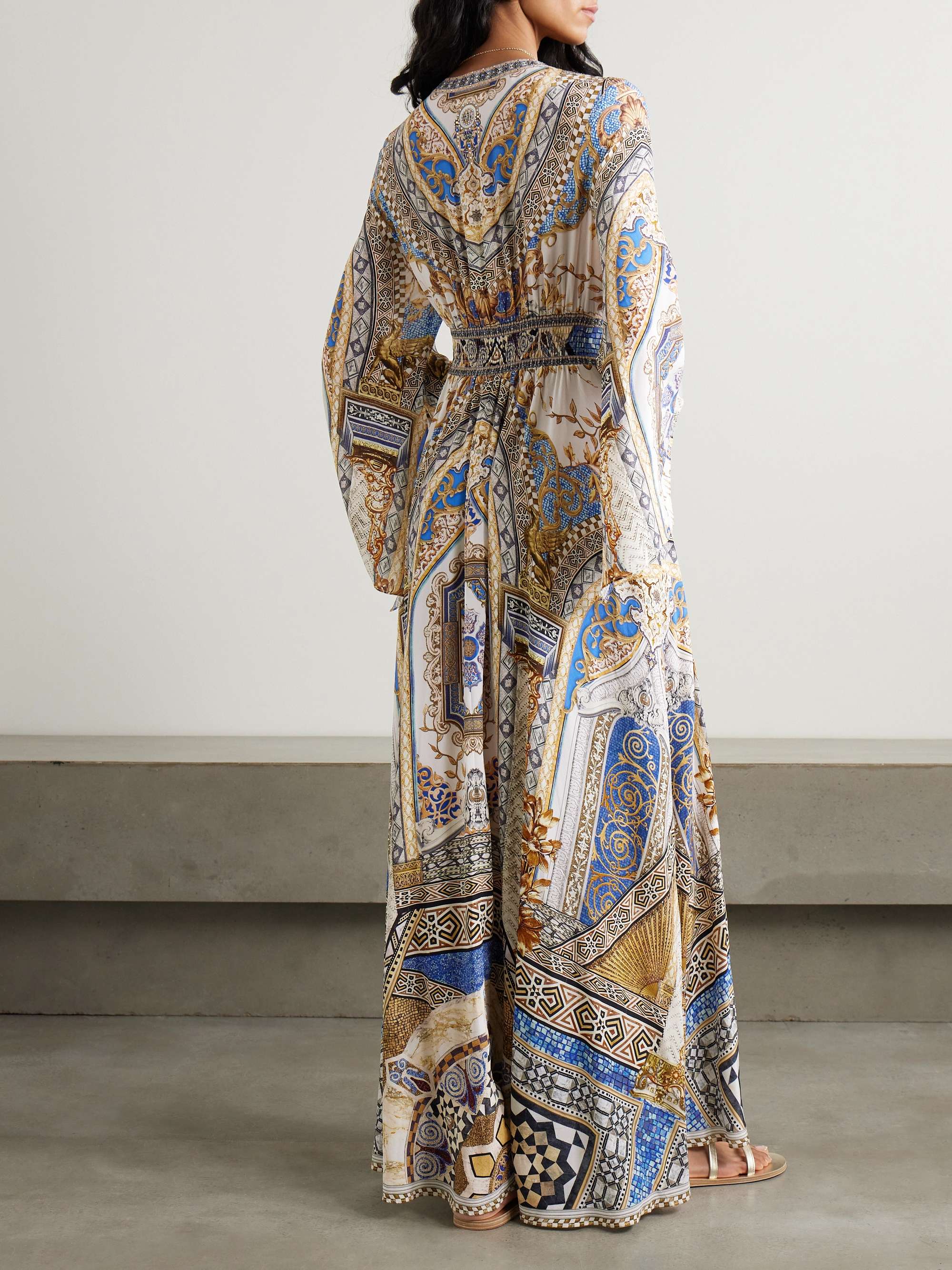 Embellished shirred printed silk-crepe maxi dress view