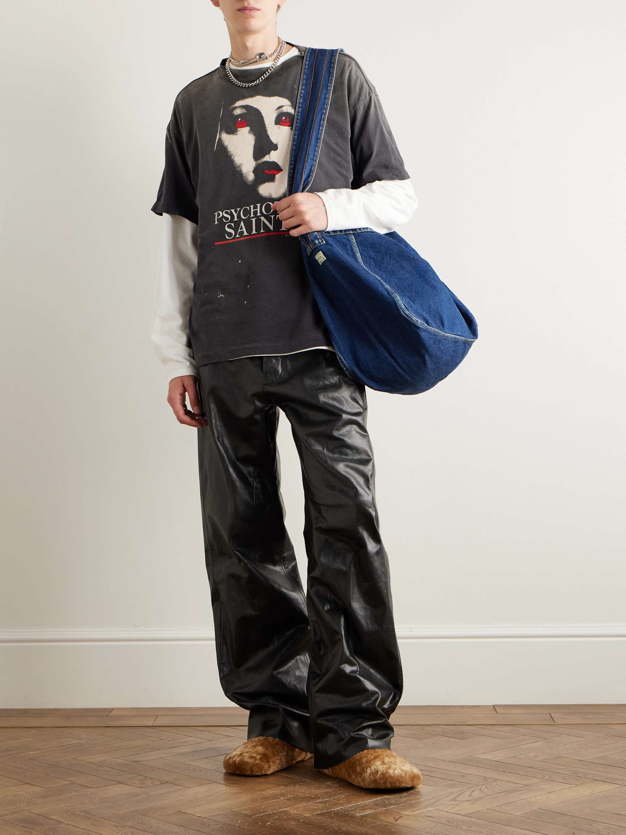 Psychotic Saint Distressed Printed Cotton-Jersey T-Shirt view