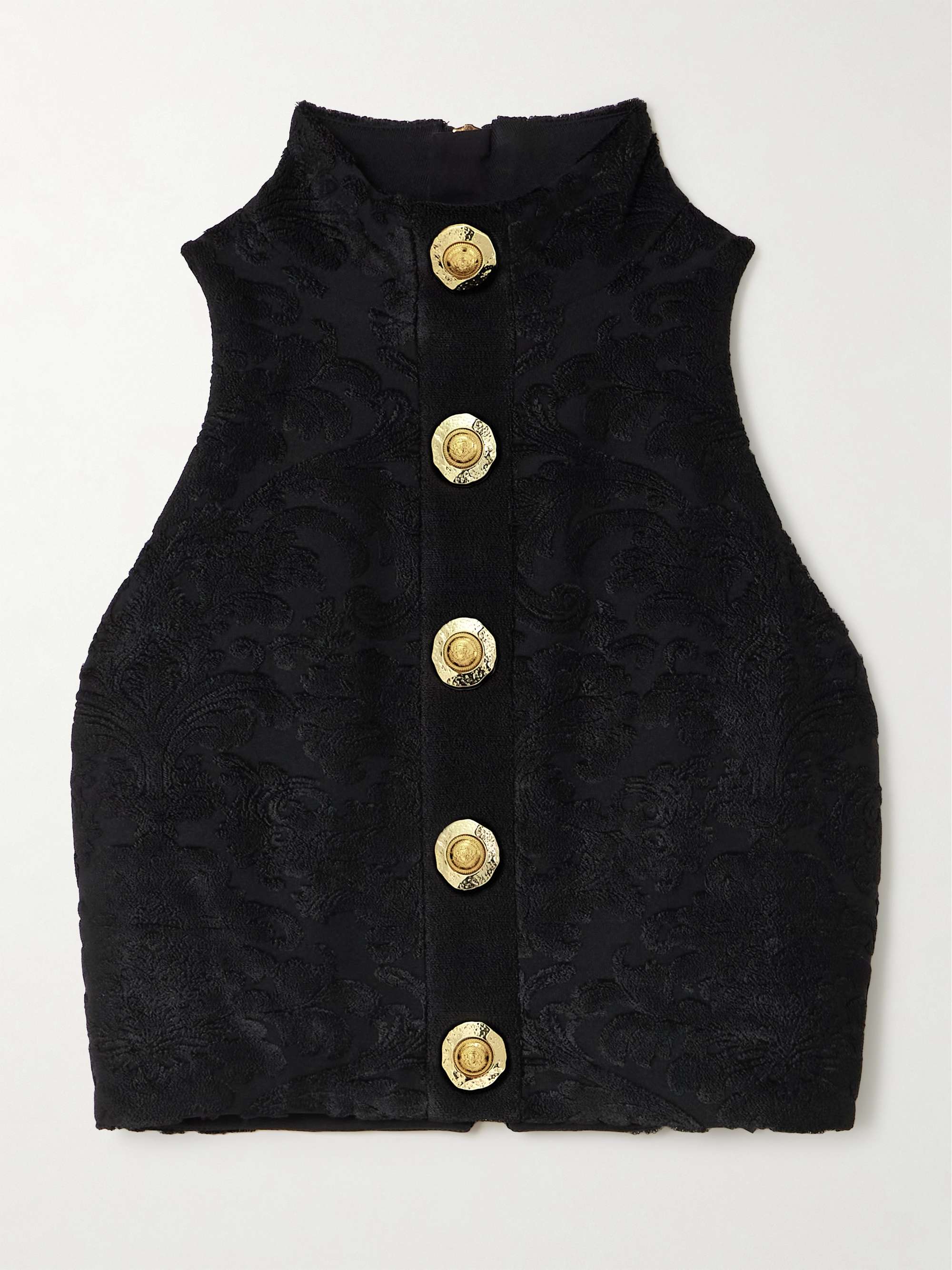 Cropped button-embellished jacquard top view