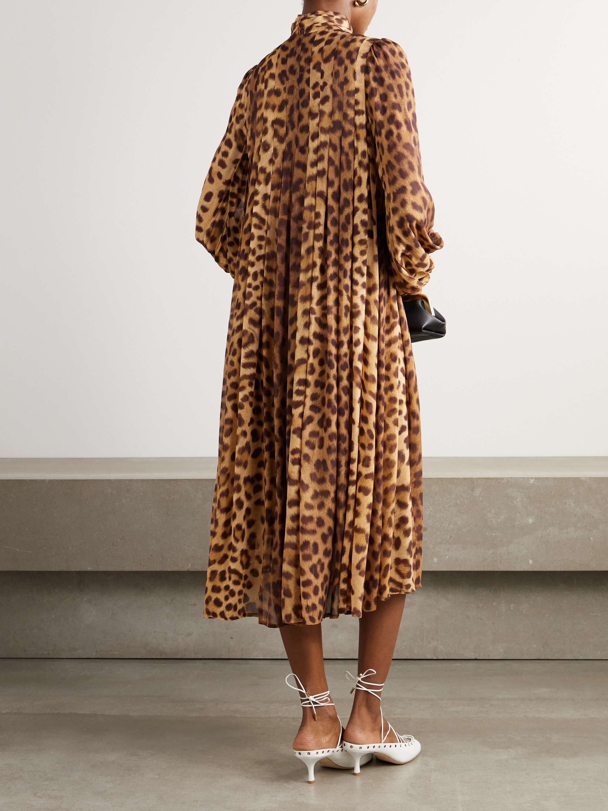 Crush tie-neck pleated leopard-print crepe de chine midi dress view