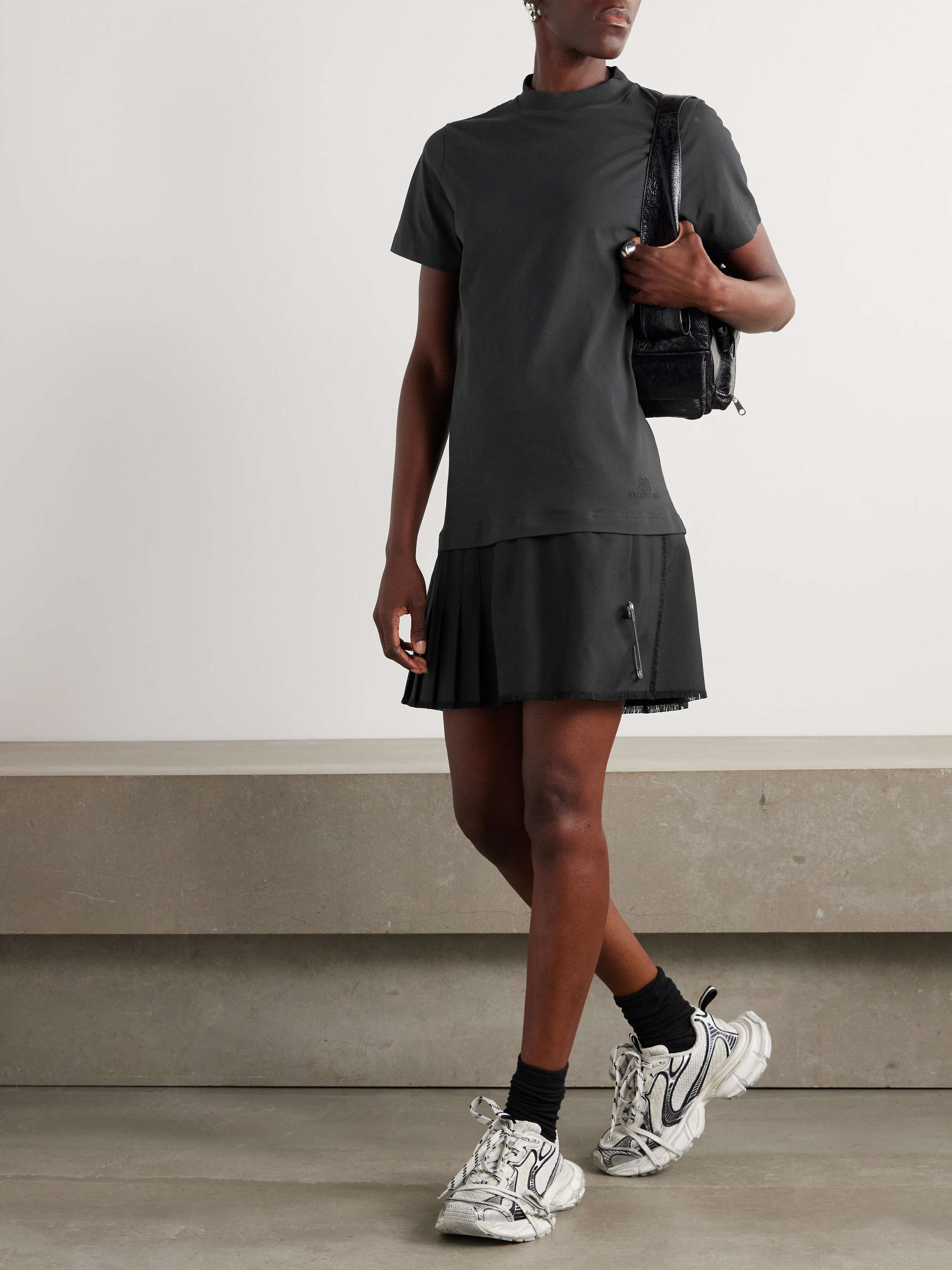 Layered frayed embellished cotton-jersey and wool-blend twill mini dress view