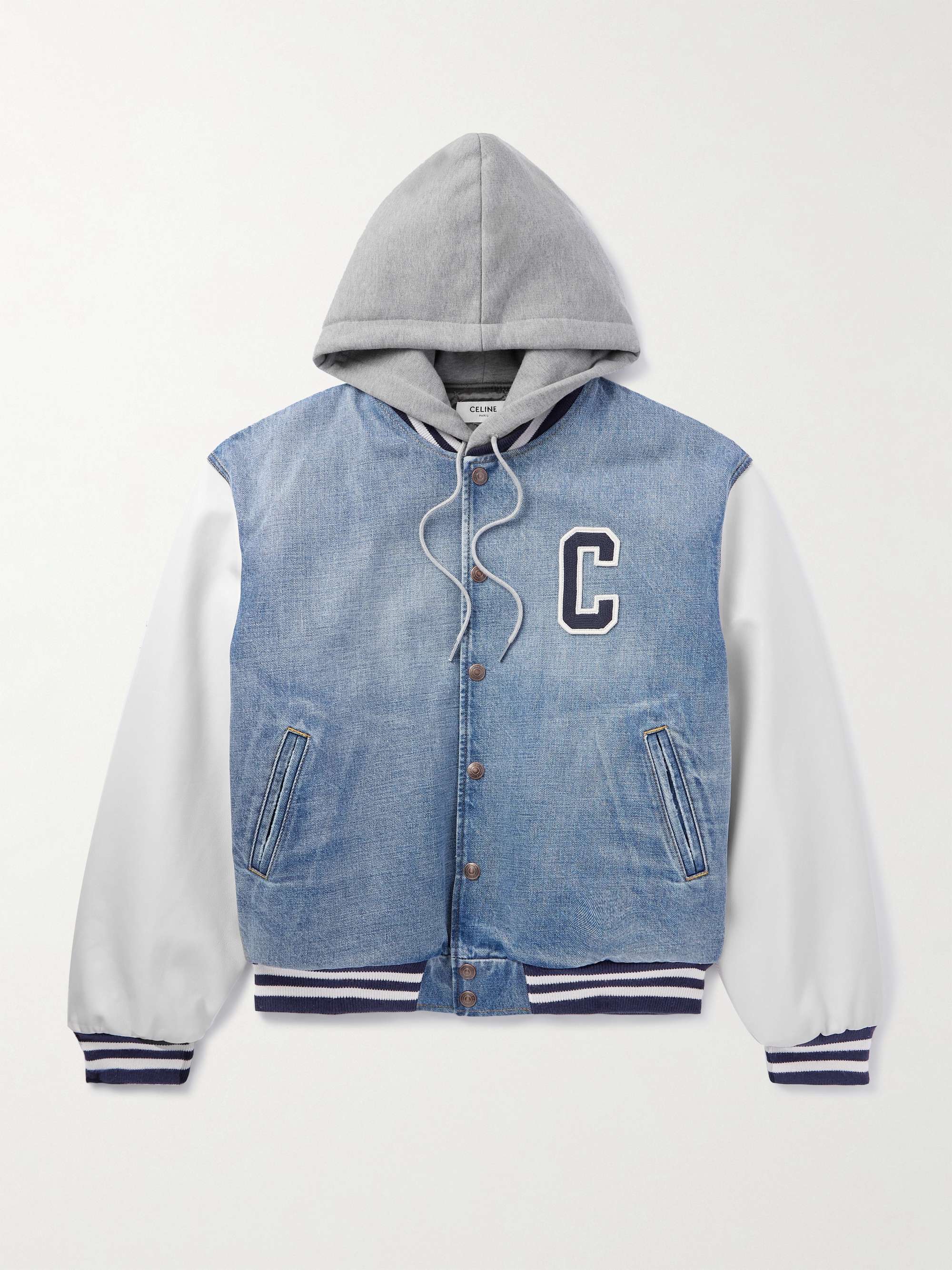 Teddy Logo-Appliquéd Denim, Leather and Jersey Hooded Varsity Jacket view