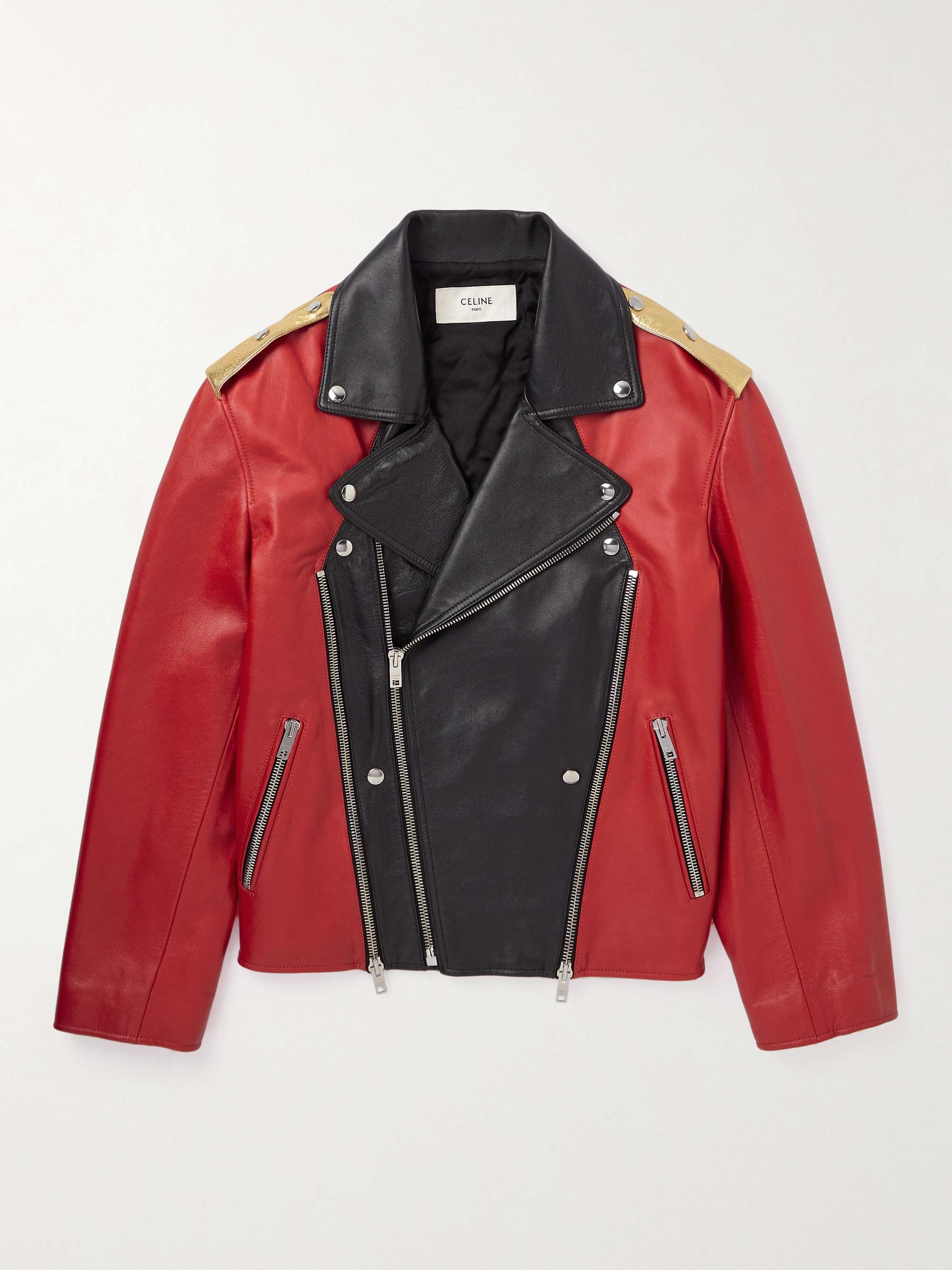 Color-Block Studded Leather Biker Jacket view