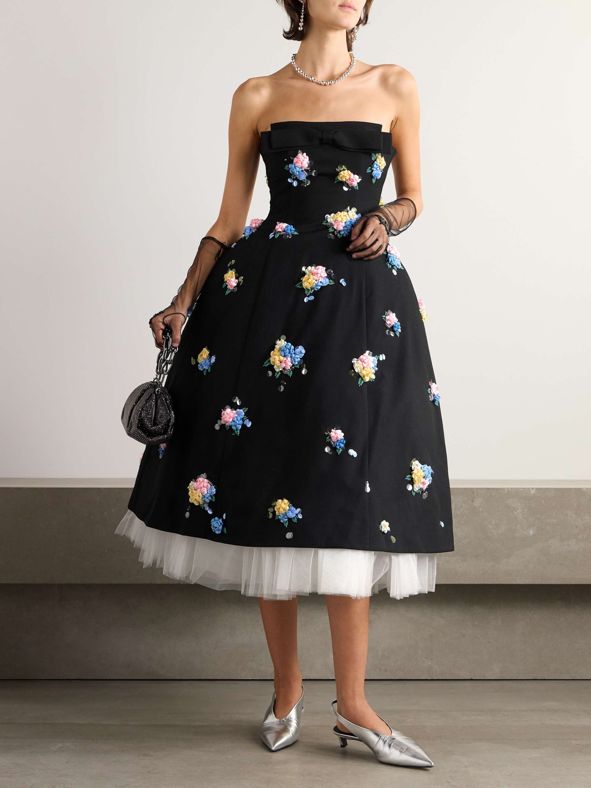 Strapless bow-detailed embellished twill midi dress view