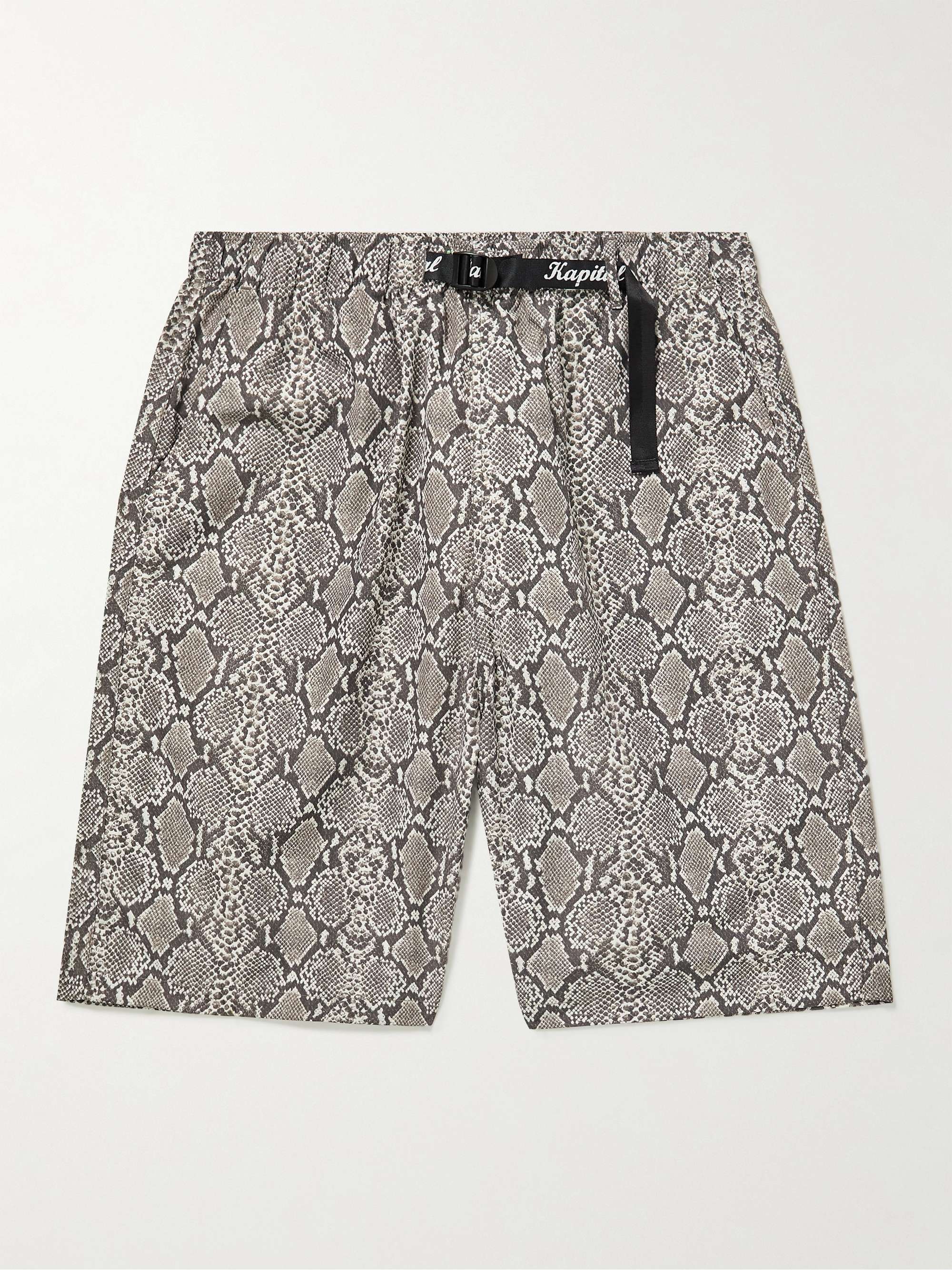 Straight-Leg Belted Snake-Print Taffeta Shorts view