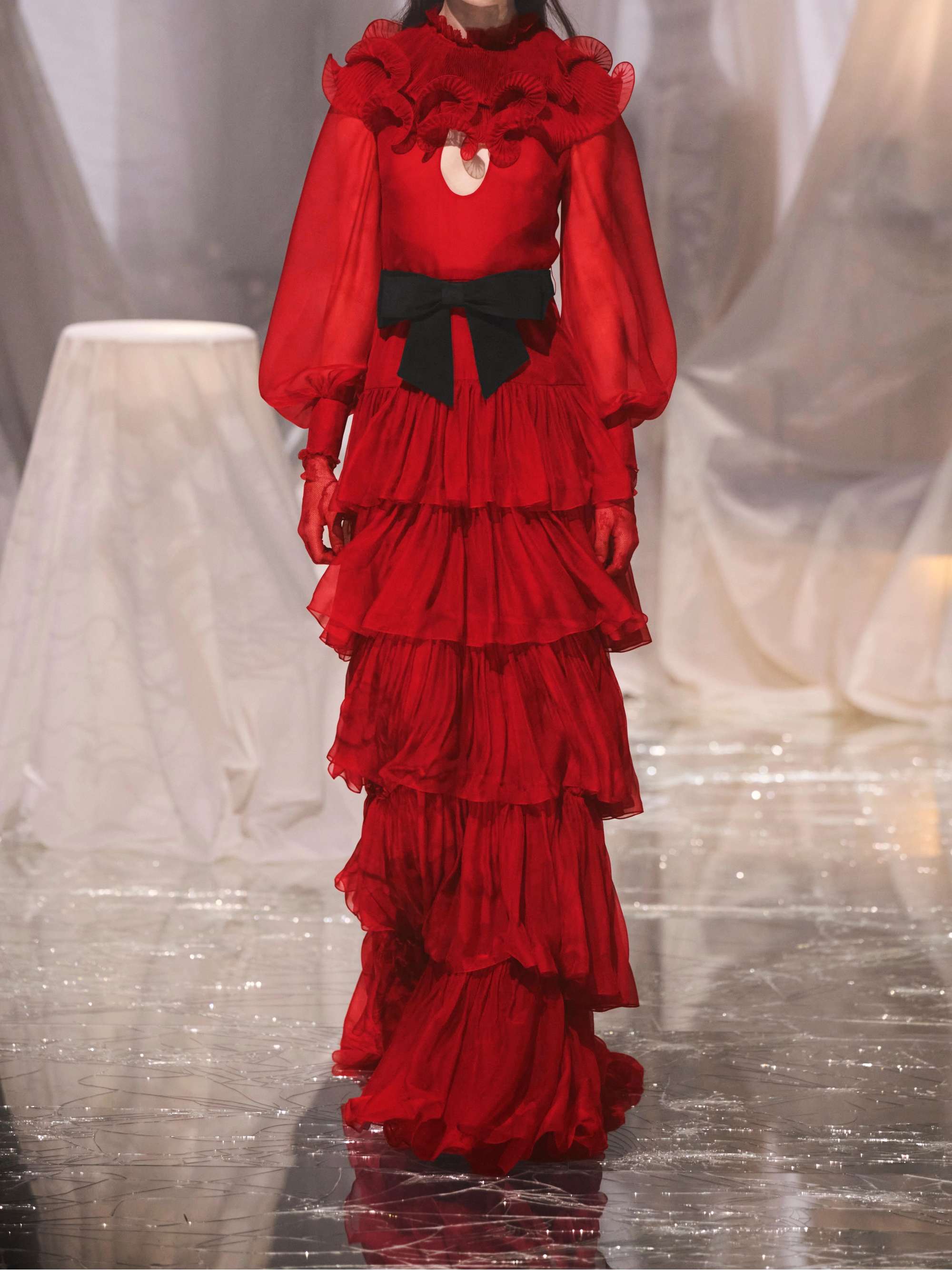 Bow-detailed ruffled silk-chiffon gown view