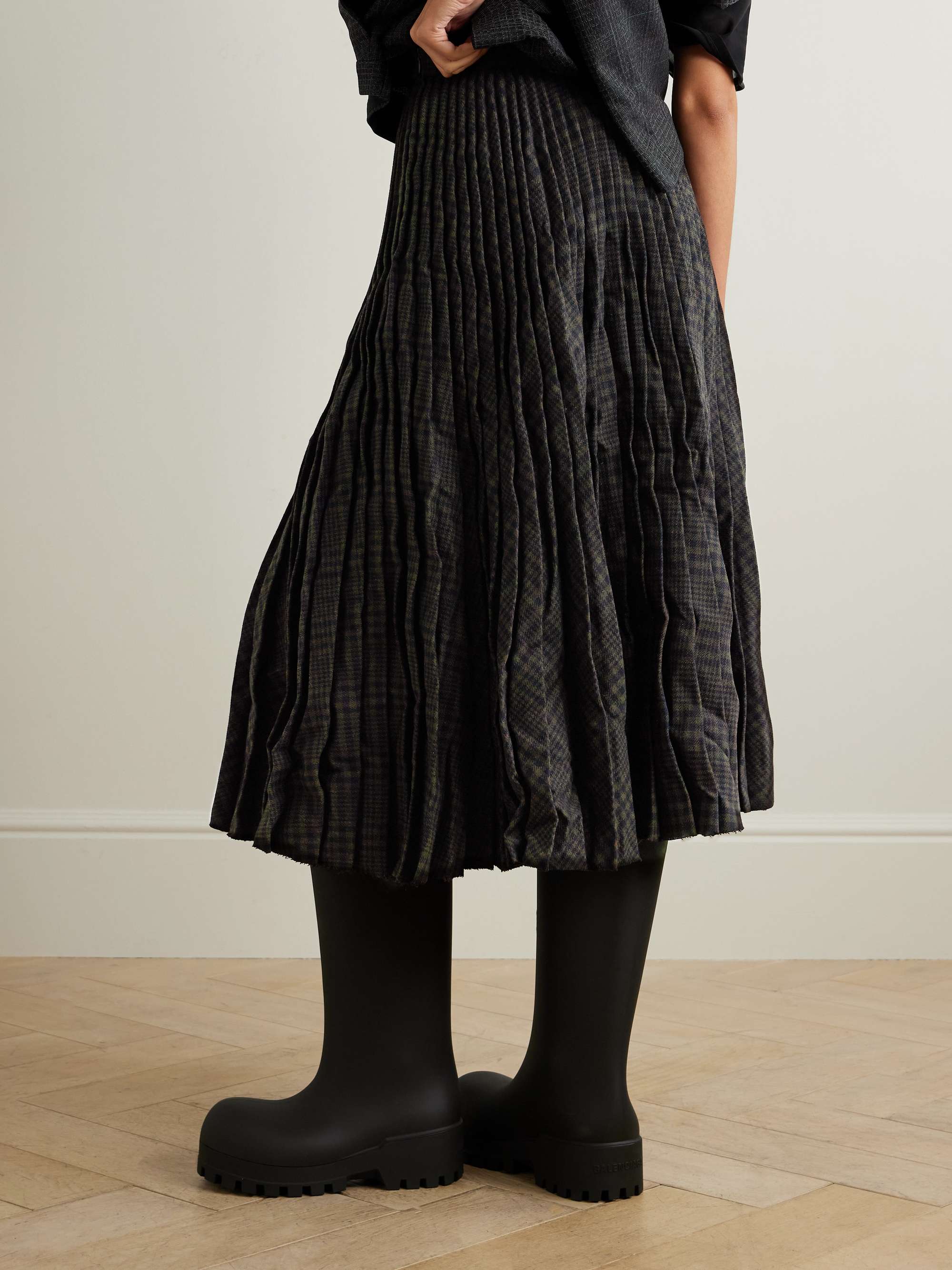 Pleated checked crinkled wool-blend midi skirt view