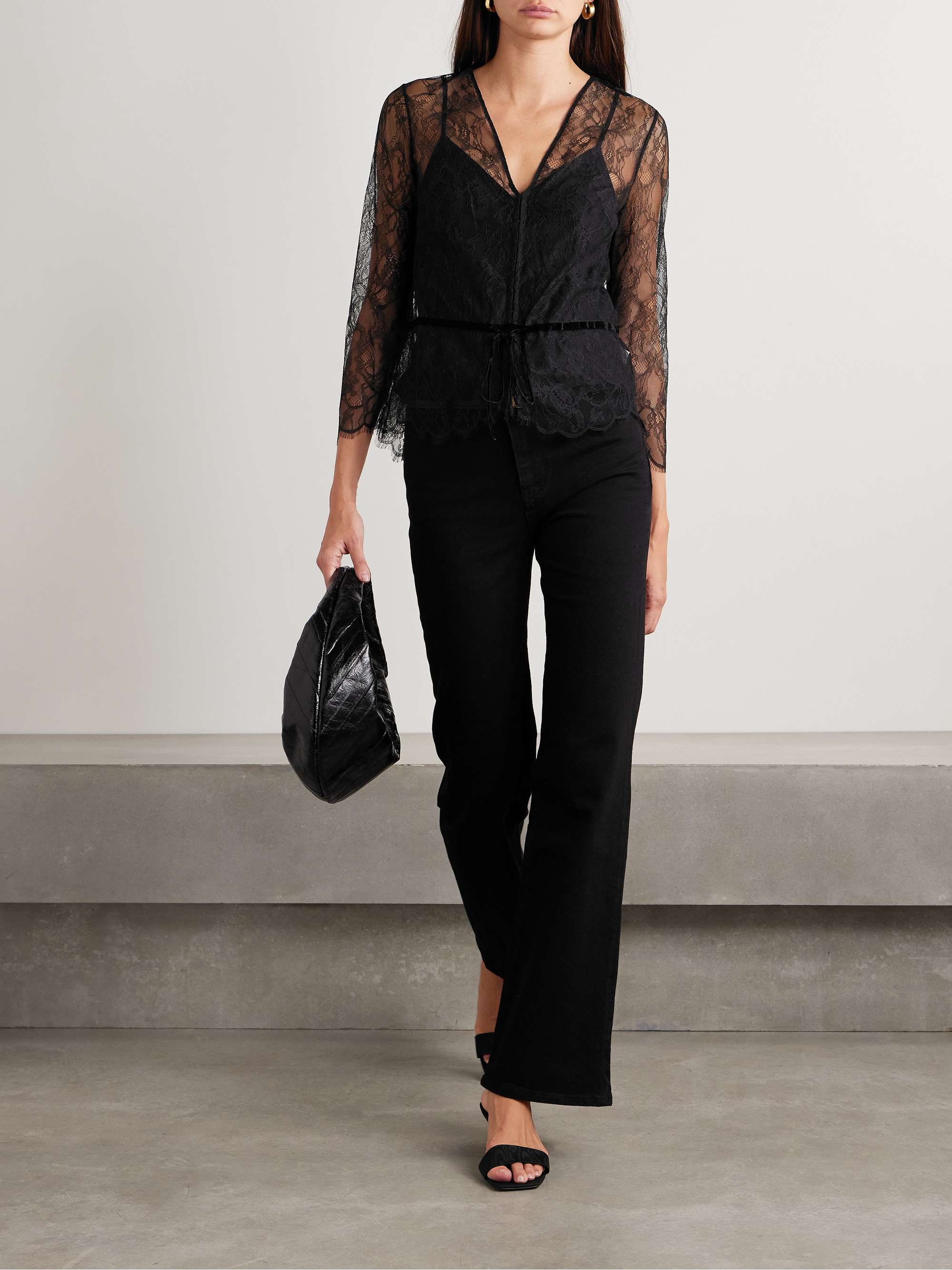 Tie-detailed velvet-trimmed lace blouse view