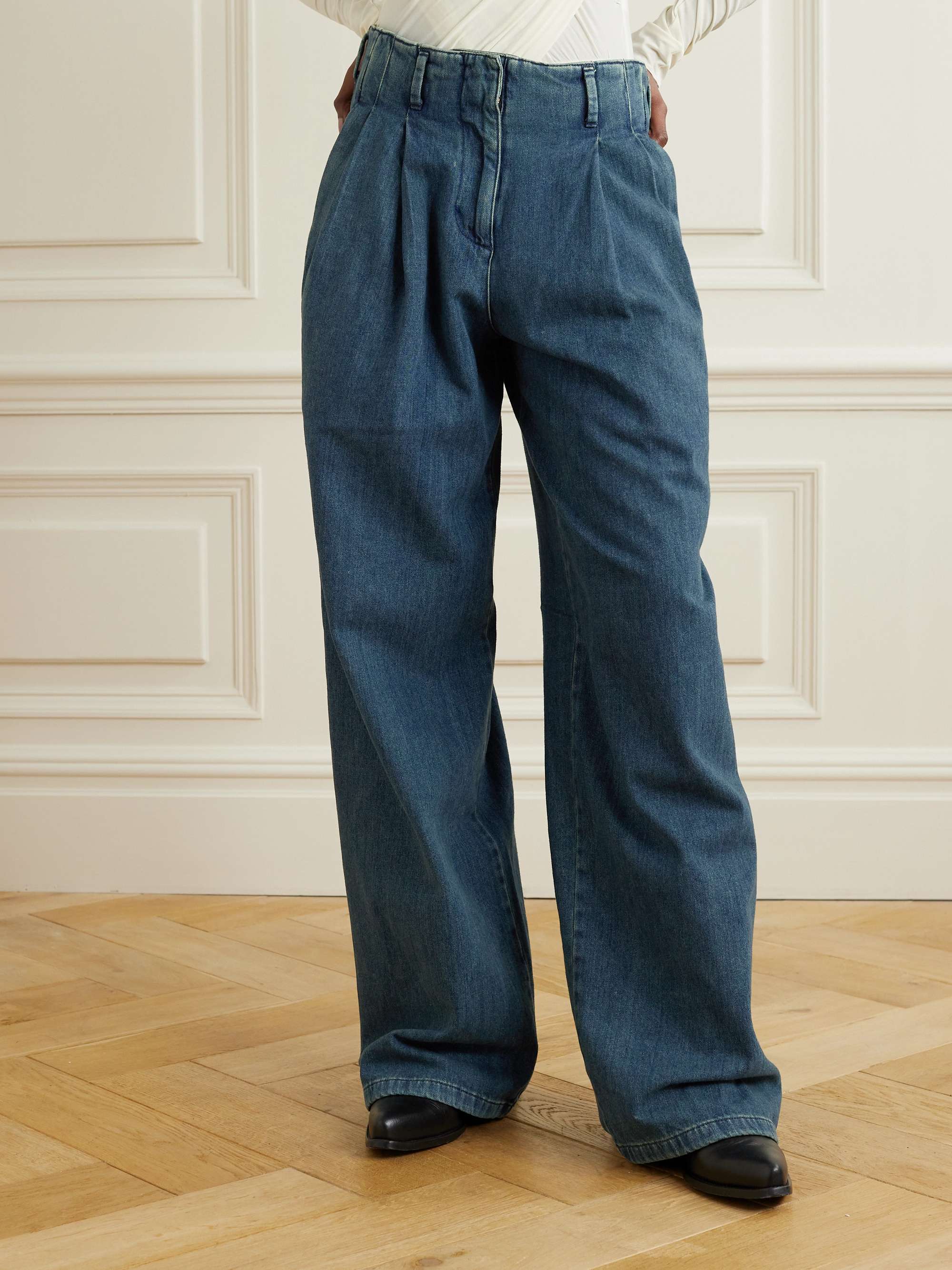 Embellished pleated high-rise wide-leg jeans view