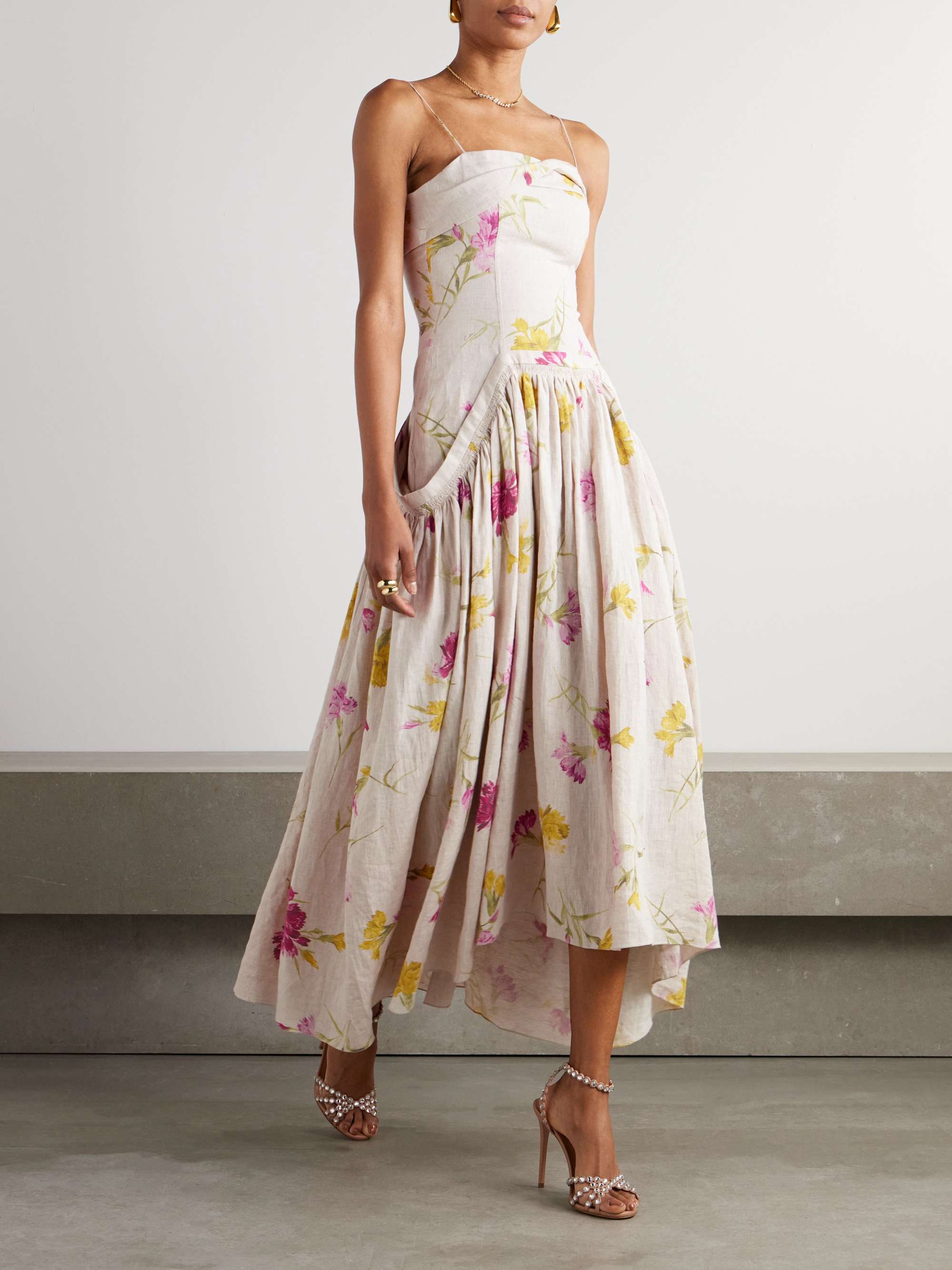 Floral-print linen midi dress view