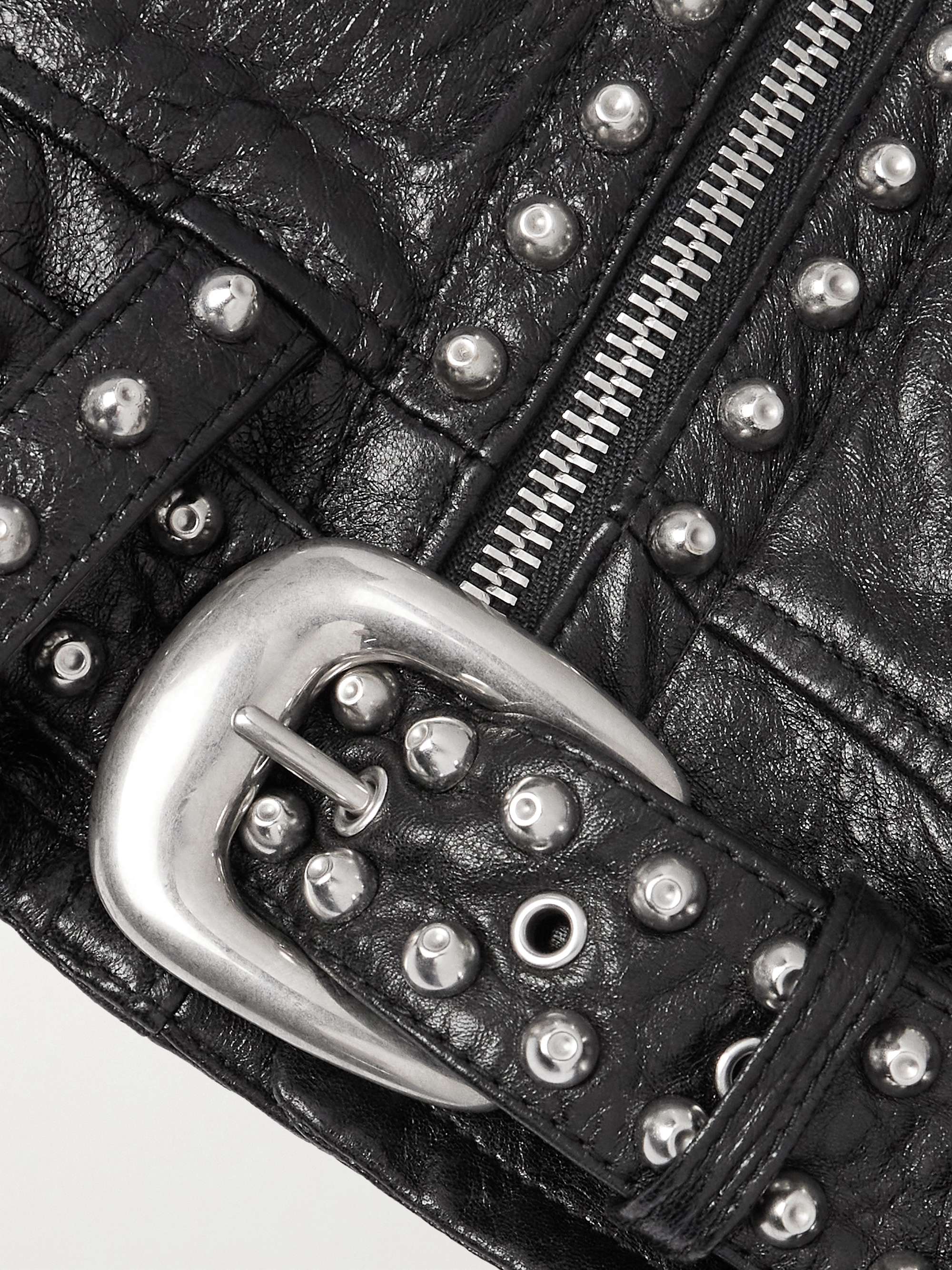 Studded Belted Textured-Leather Jacket view