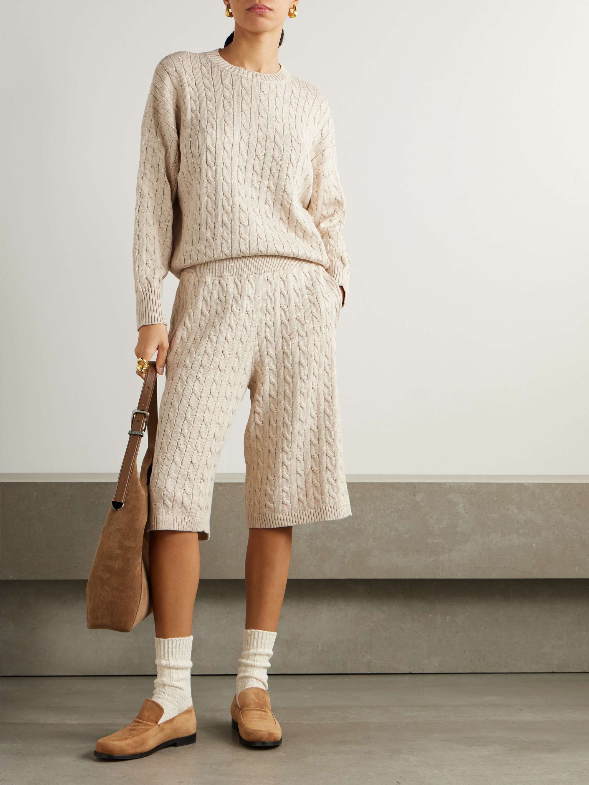 Sequin-embellished cable-knit cotton-blend shorts view