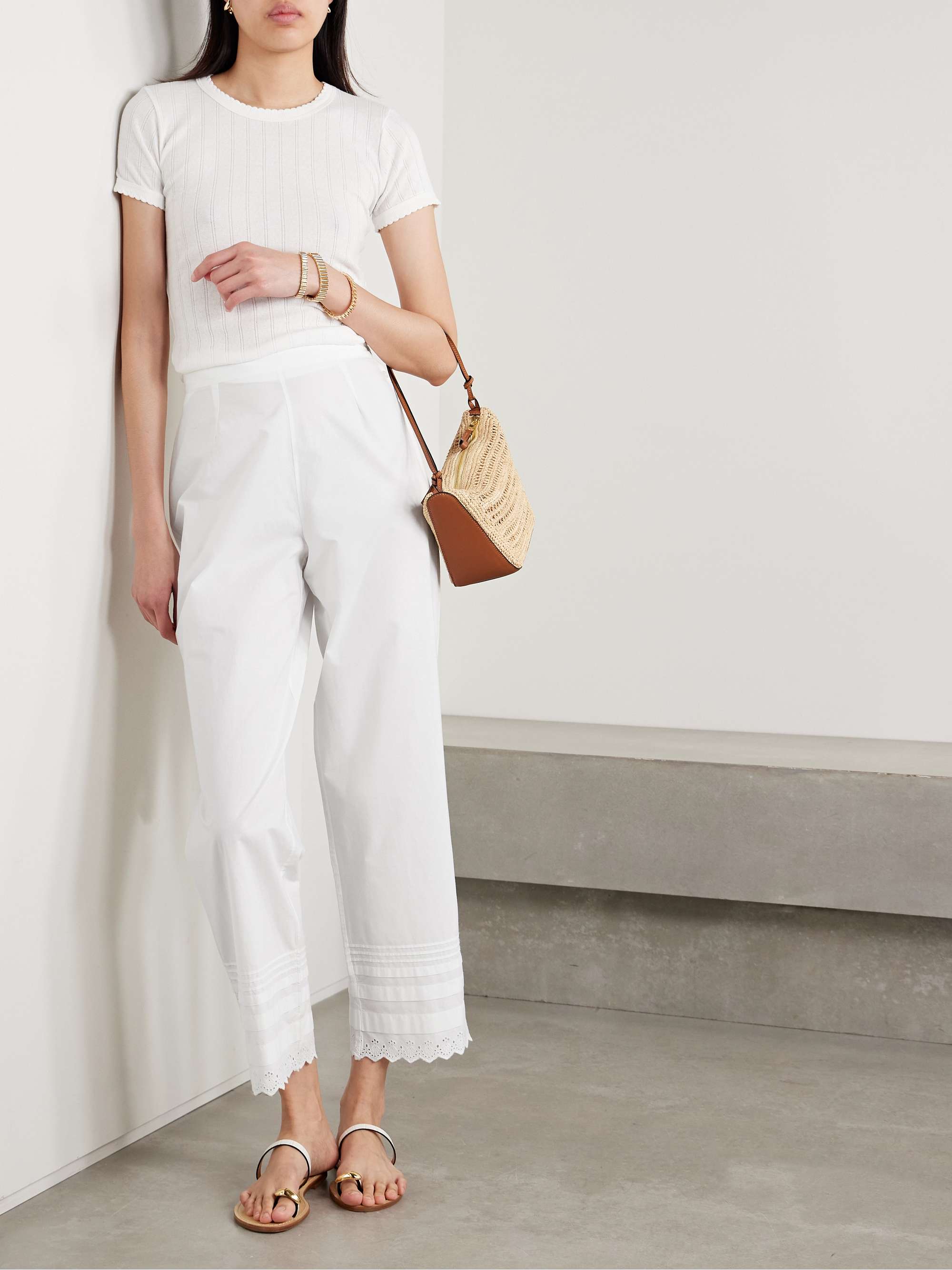 Francisca broderie anglaise-trimmed pintucked organic cotton-poplin straight-leg pants view