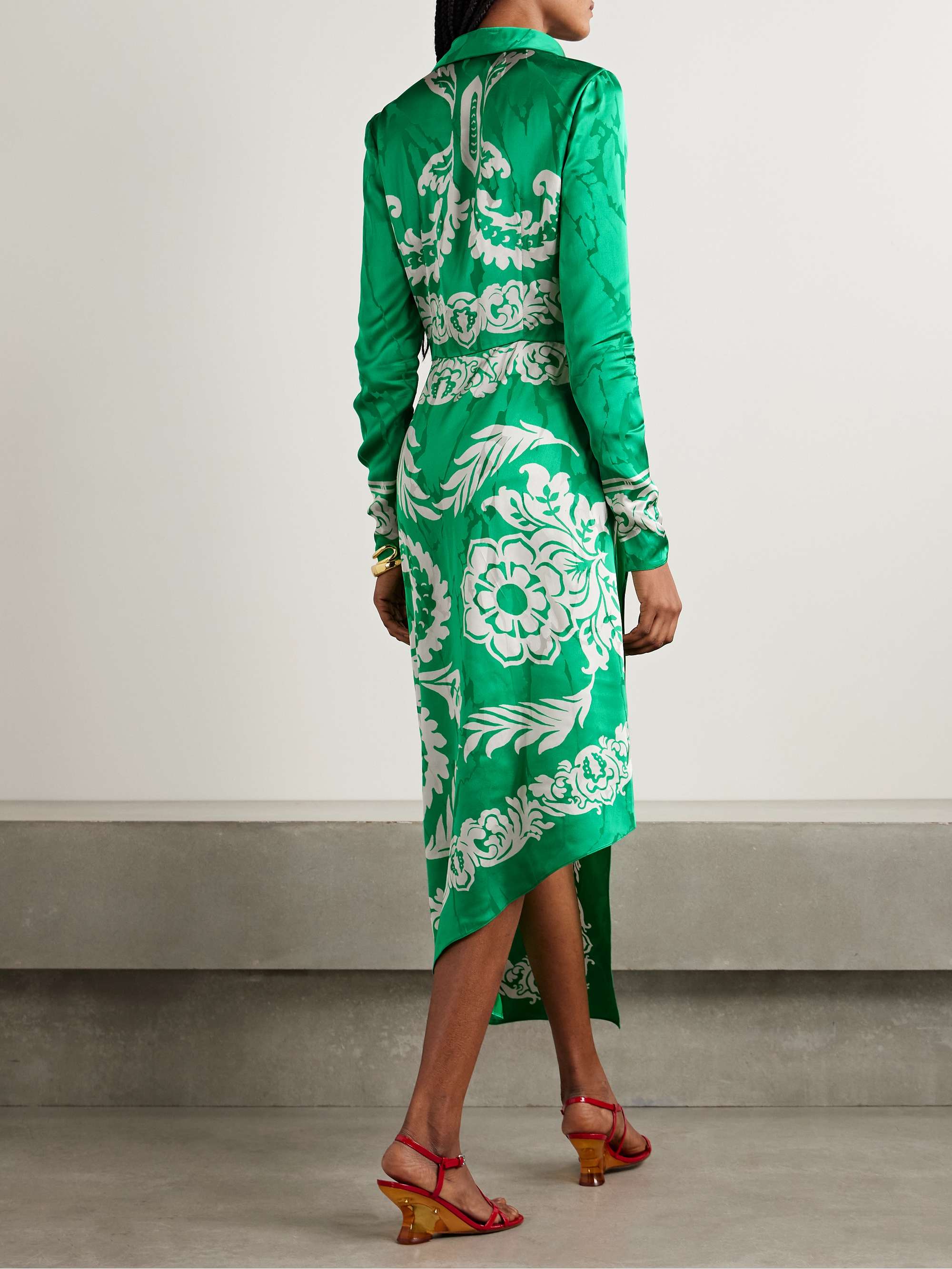 Wrap-effect draped printed satin-jacquard midi dress view