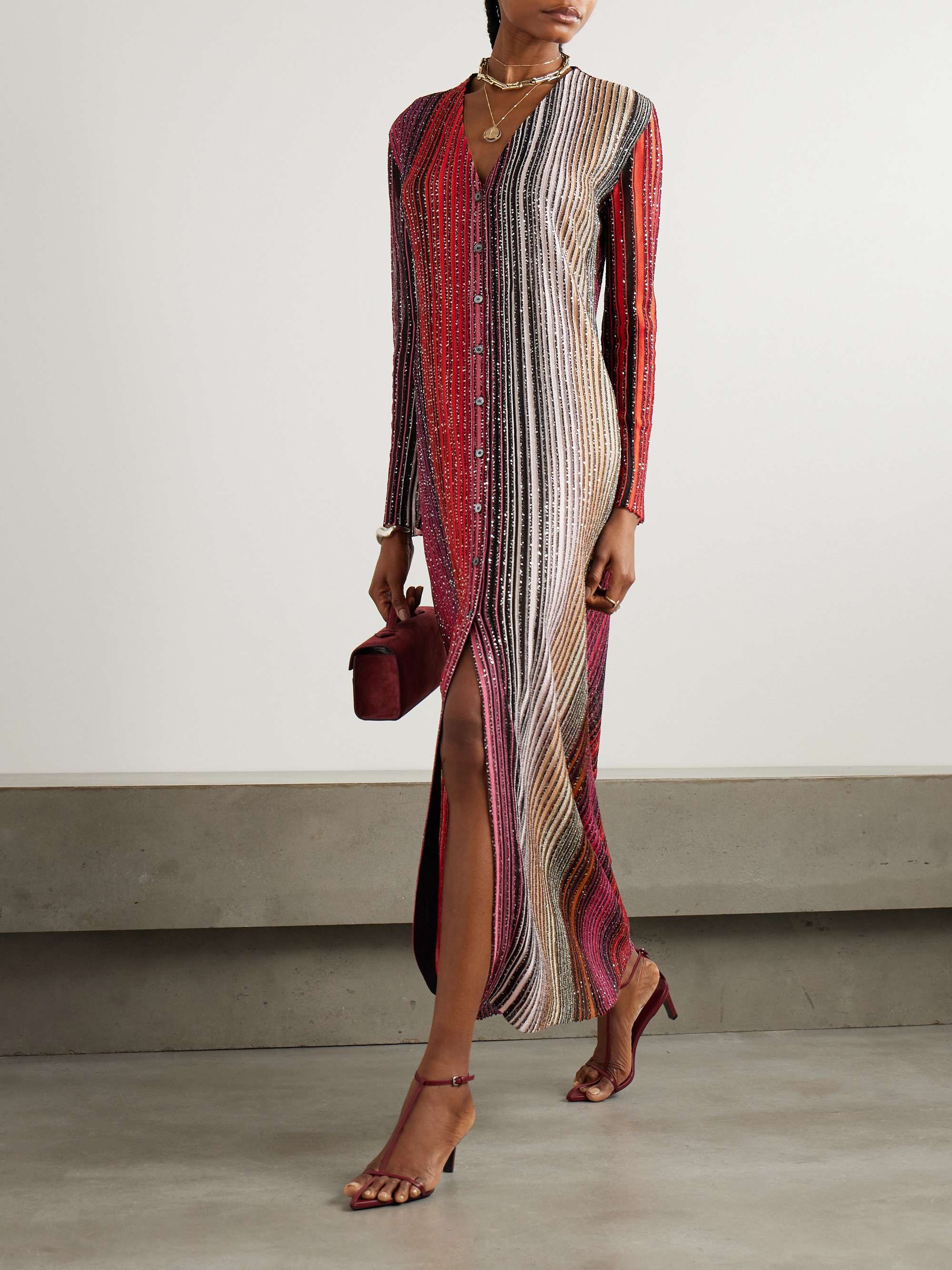Sequin-embellished striped metallic crochet-knit cardigan view